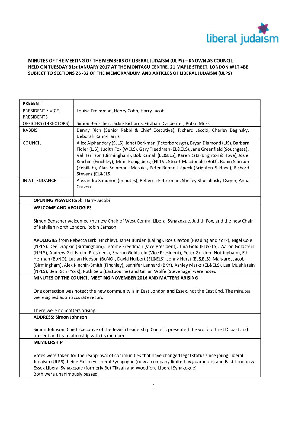 Minutes of the Meeting of the Members of Liberal Judaism