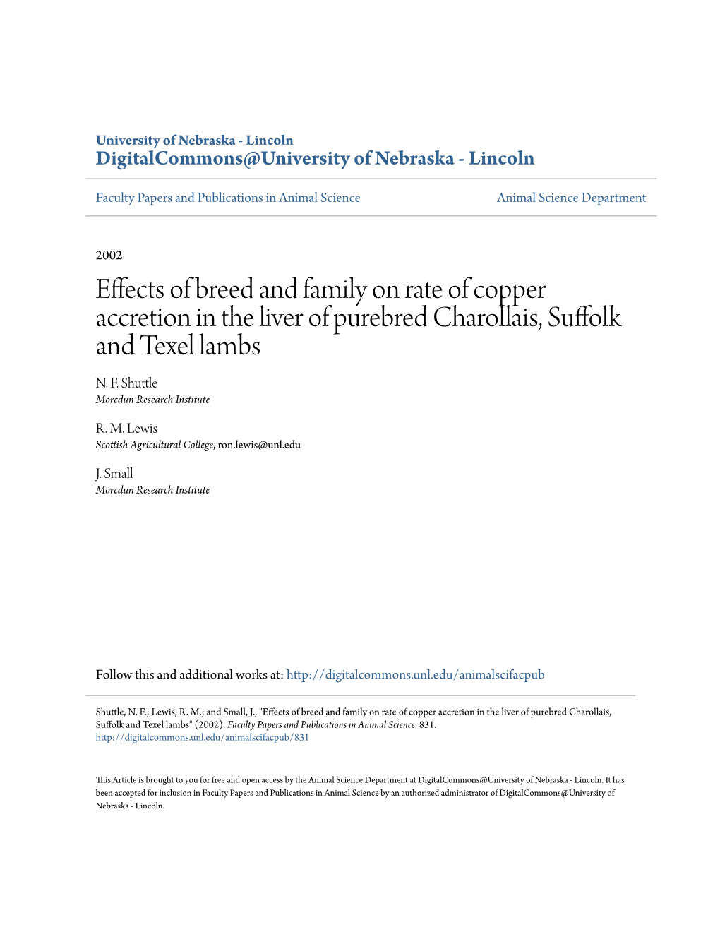 Effects of Breed and Family on Rate of Copper Accretion in the Liver of Purebred Charollais, Suffolk and Texel Lambs N