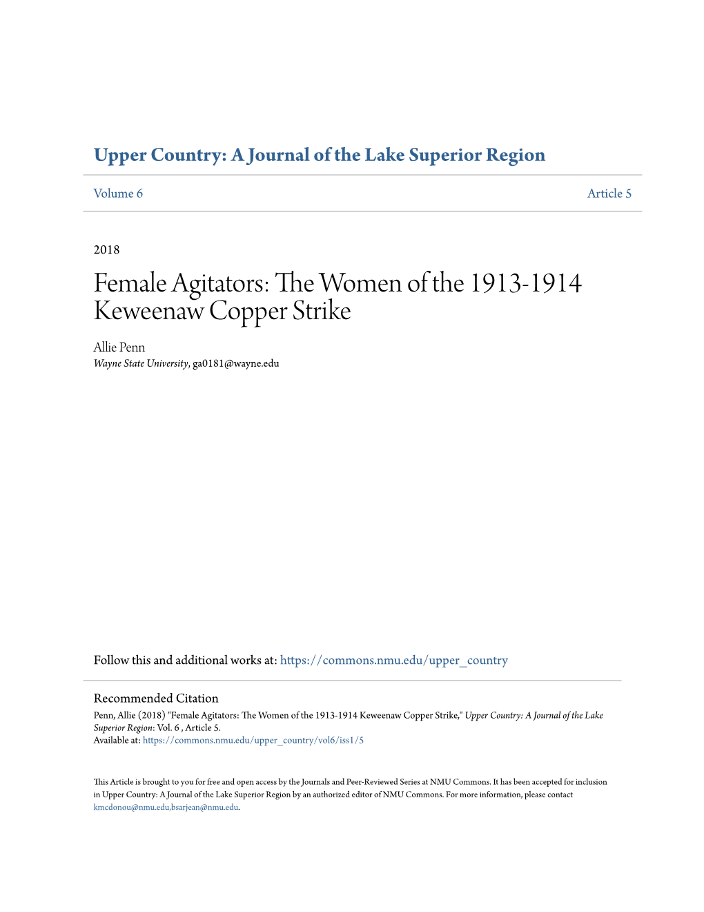 Female Agitators: the Women of the 1913-1914 Keweenaw Copper Strike