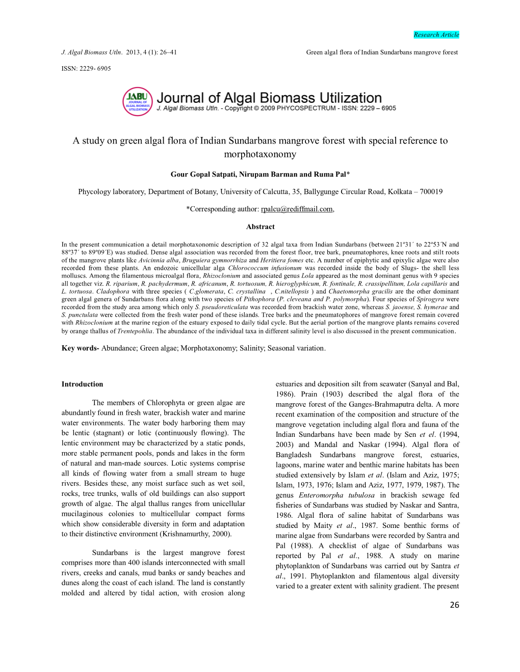 A Study on Green Algal Flora of Indian Sundarbans Mangrove Forest with Special Reference to Morphotaxonomy