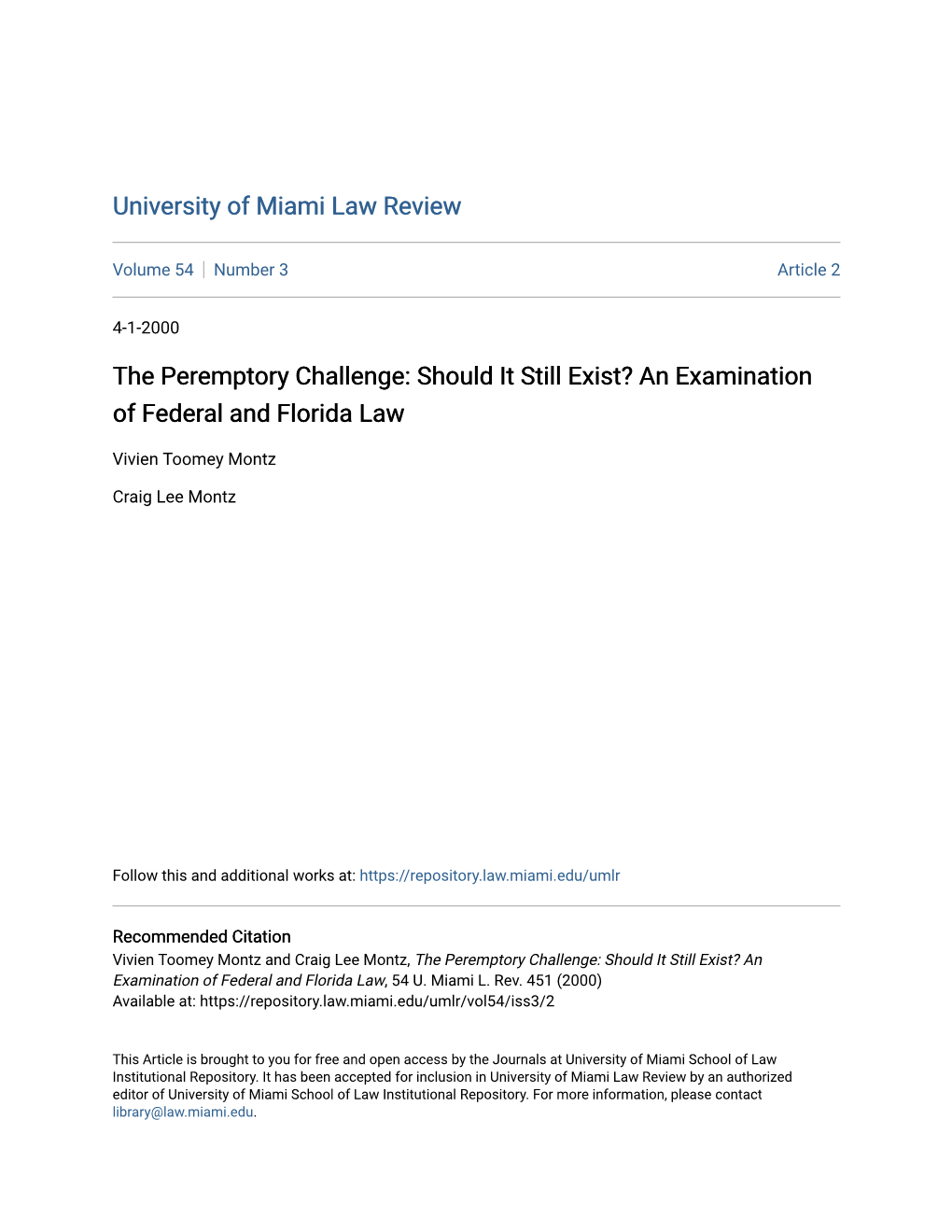 The Peremptory Challenge: Should It Still Exist? an Examination of Federal and Florida Law