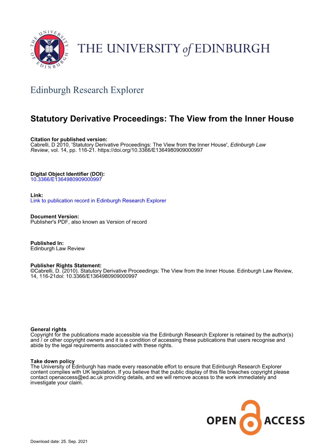 Statutory Derivative Proceedings: the View from the Inner House