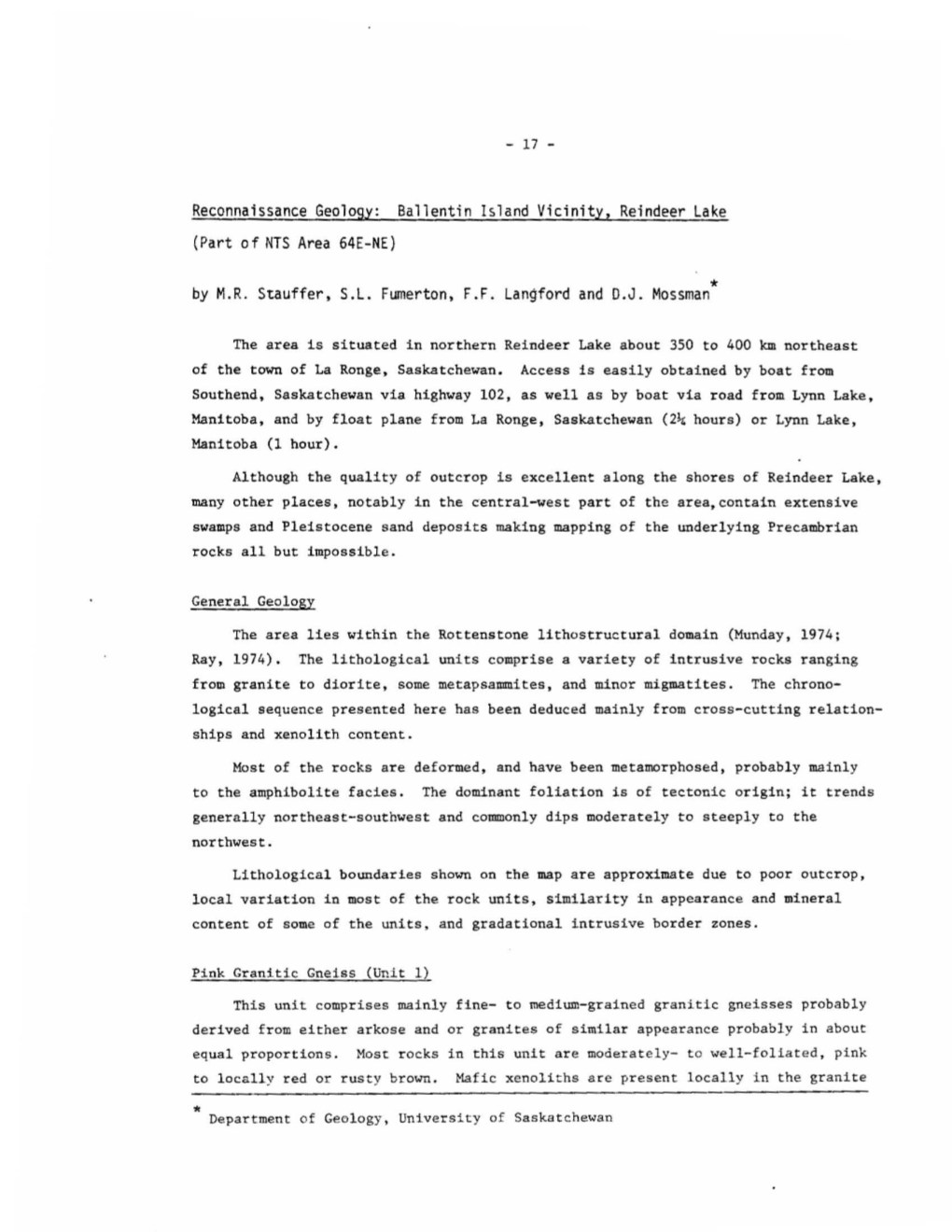 Reconnaissance Geology: Ballentin Island Vicinity, Reindeer Lake (Part of NTS Area 64E-NE) by M.R