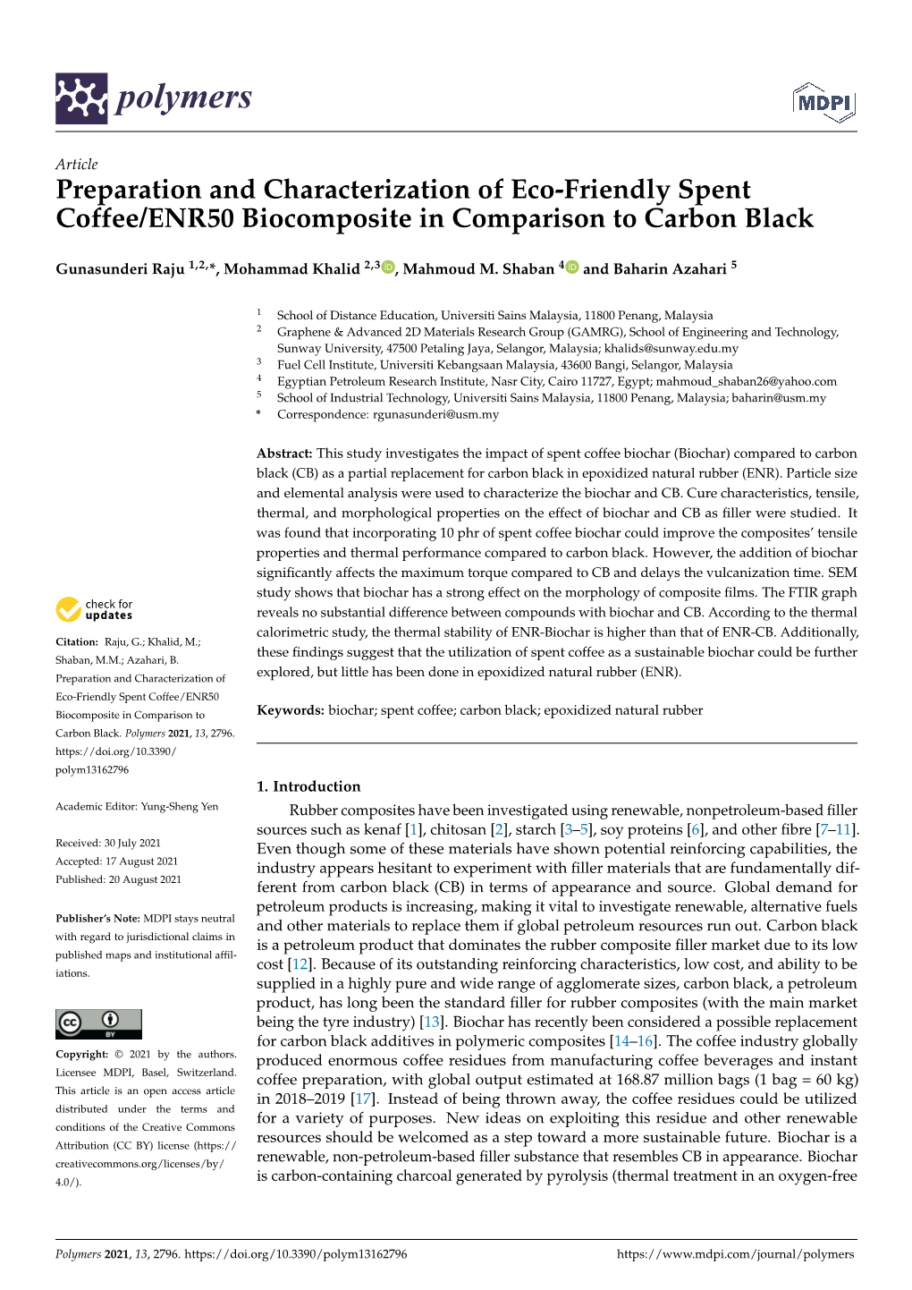 Preparation and Characterization of Eco-Friendly Spent Coffee/ENR50 Biocomposite in Comparison to Carbon Black