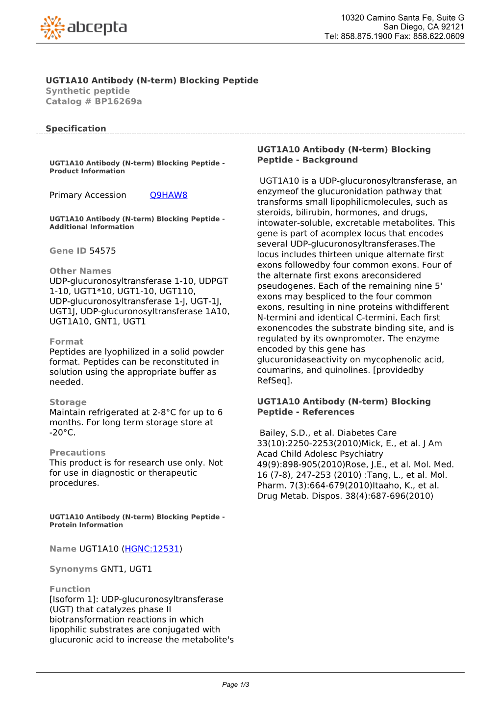 UGT1A10 Antibody (N-Term) Blocking Peptide Synthetic Peptide Catalog # Bp16269a