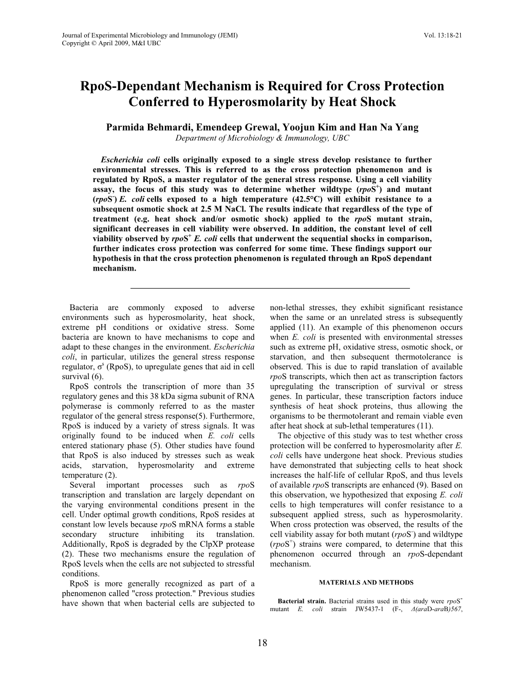 Rpos-Dependant Mechanism Is Required for Cross Protection Conferred to Hyperosmolarity by Heat Shock