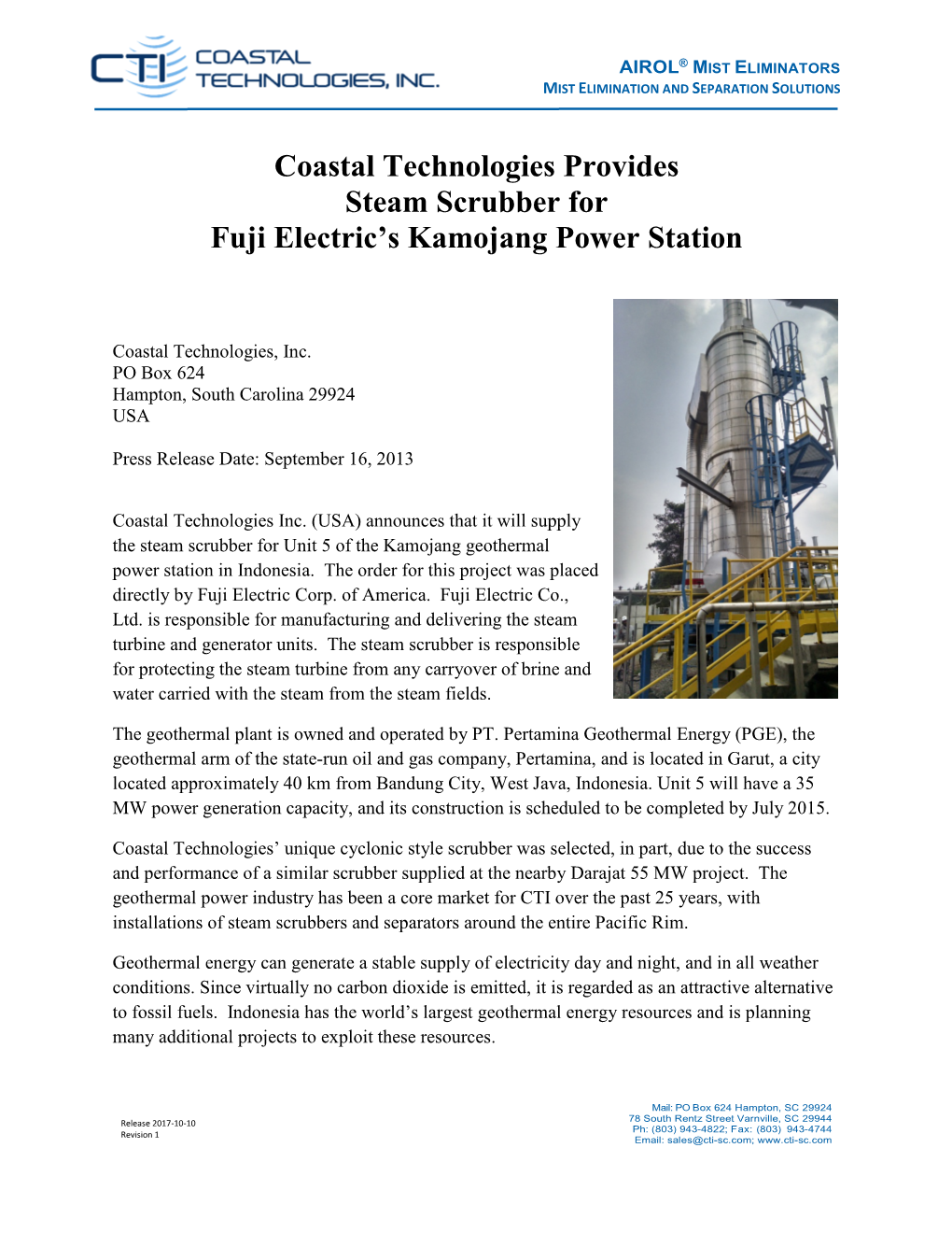 Coastal Technologies Provides Steam Scrubber for Fuji Electric's