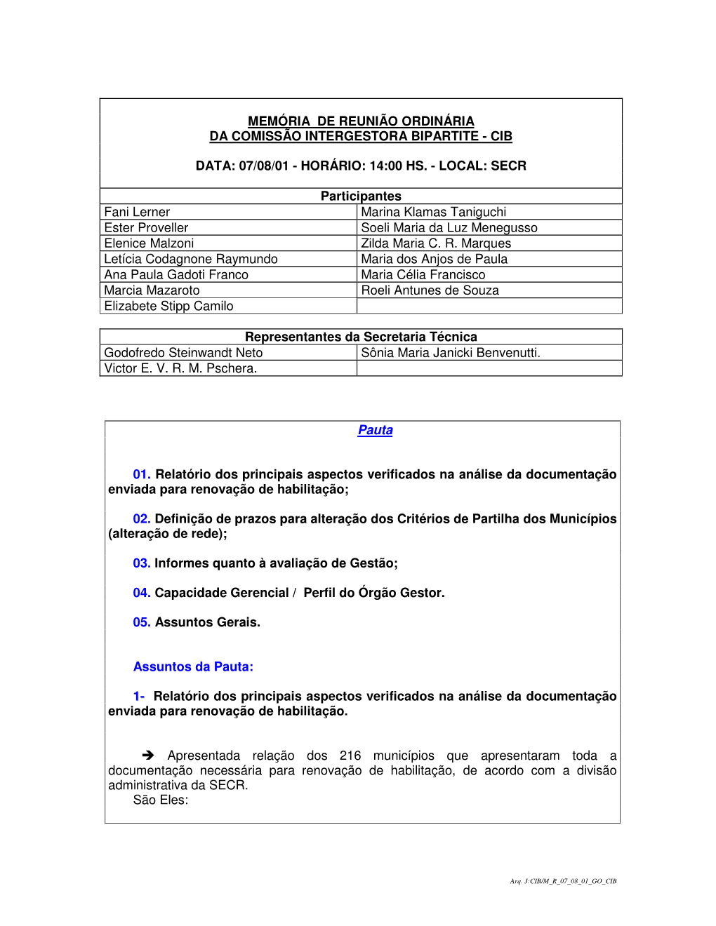 Memória De Reunião Ordinária Da Comissão Intergestora Bipartite - Cib