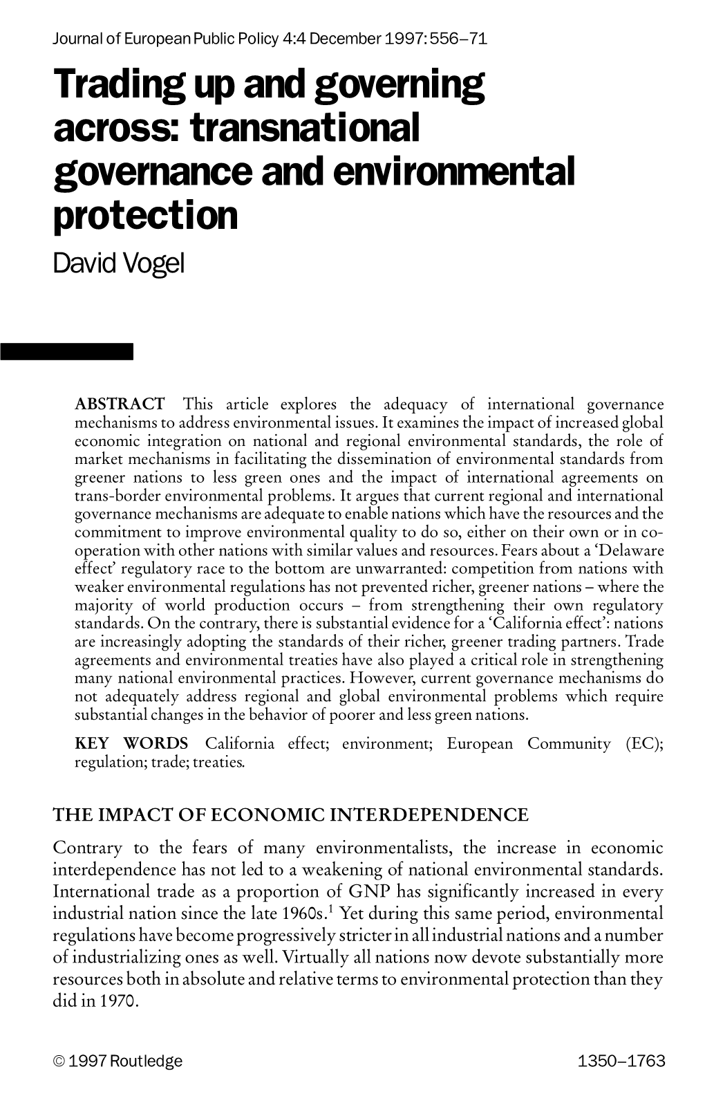 Transnational Governance and Environmental Protection David Vogel