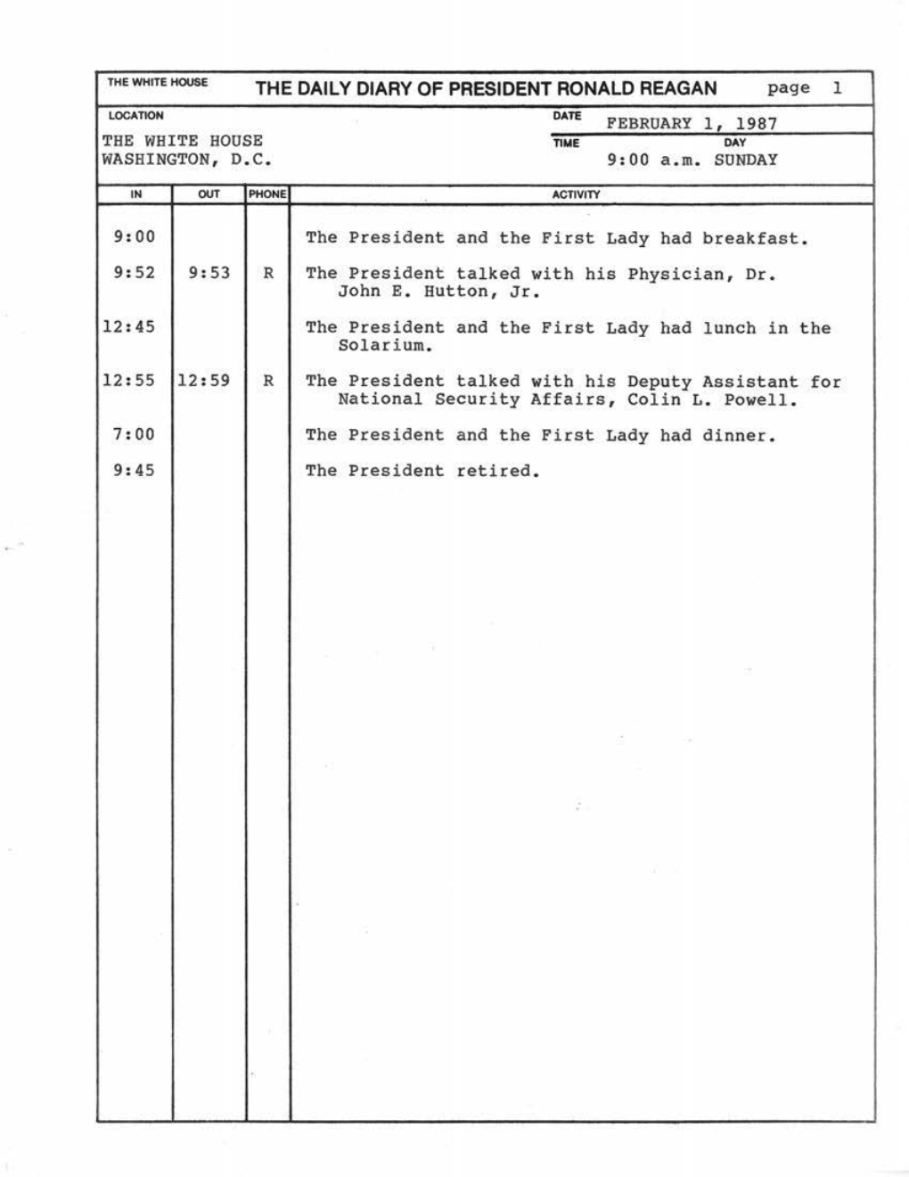 THE DAILY DIARY of PF.IESIDENT RONALD REAGAN Page 1 THE