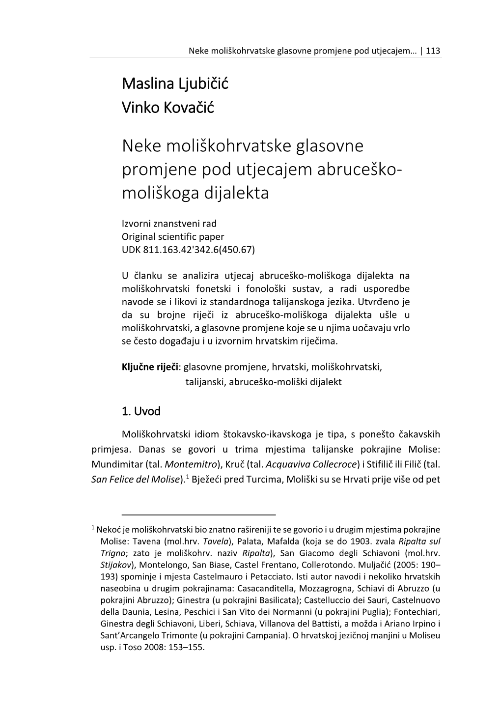 Neke Moliškohrvatske Glasovne Promjene Pod Utjecajem Abruceško- Moliškoga Dijalekta