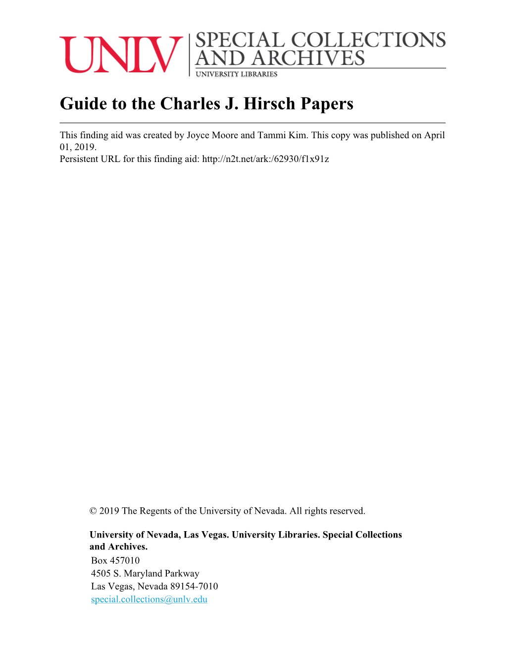 Guide to the Charles J. Hirsch Papers
