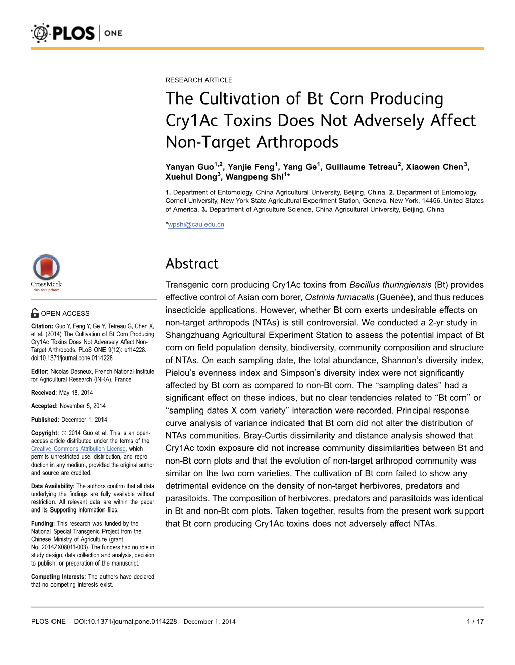 The Cultivation of Bt Corn Producing Cry1ac Toxins Does Not Adversely Affect Non-Target Arthropods