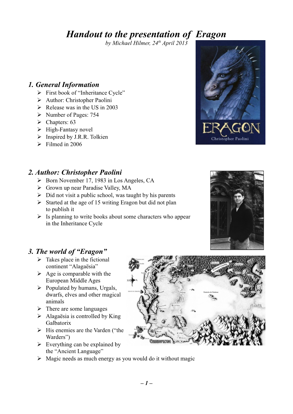 Handout to the Presentation of Eragon by Michael Hilmer, 24Th April 2013