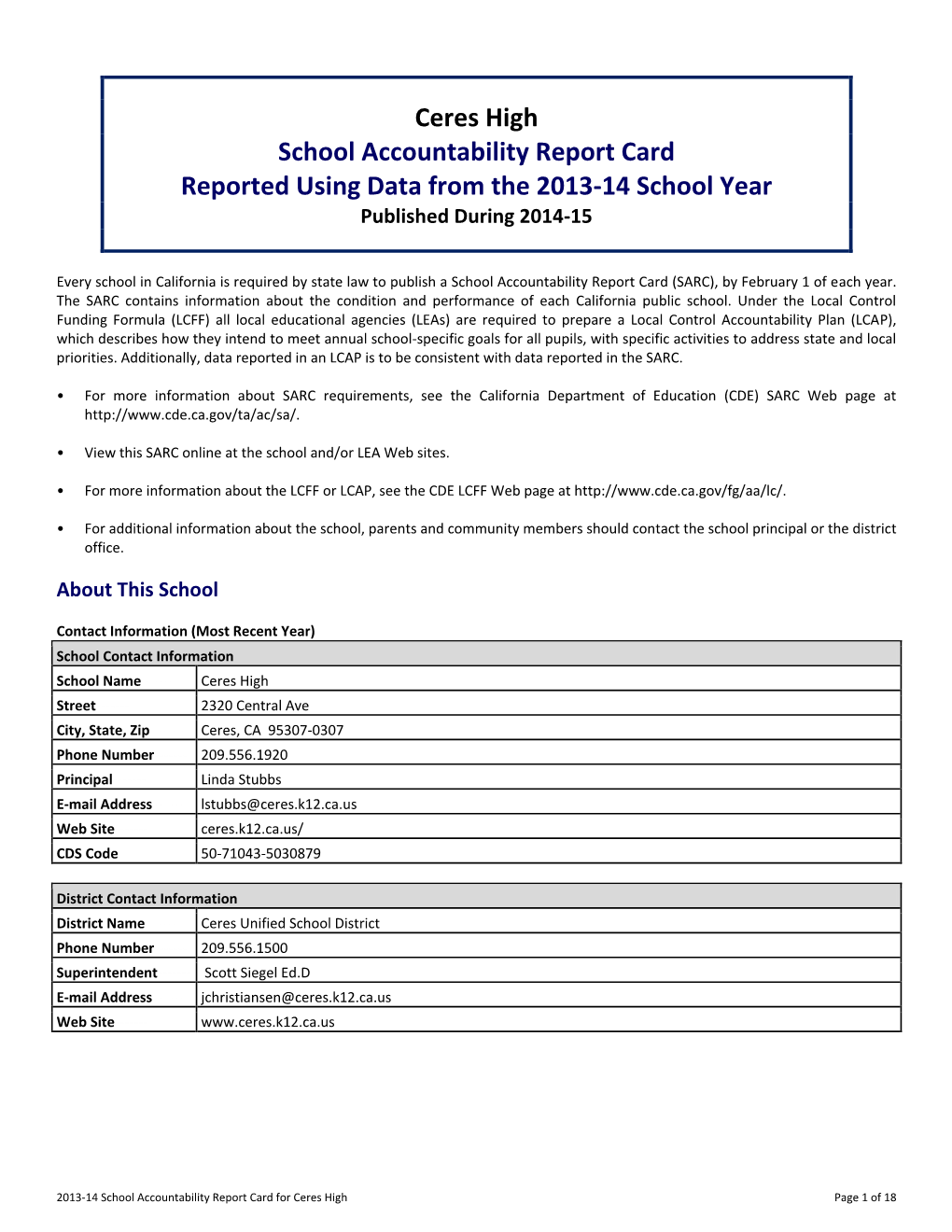 Ceres High School Accountability Report Card Reported Using Data from the 2013-14 School Year Published During 2014-15