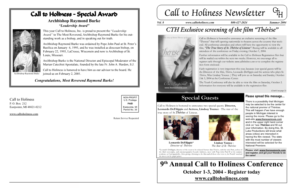 Call to Holiness Newsletter Archbishop Raymond Burke Vol