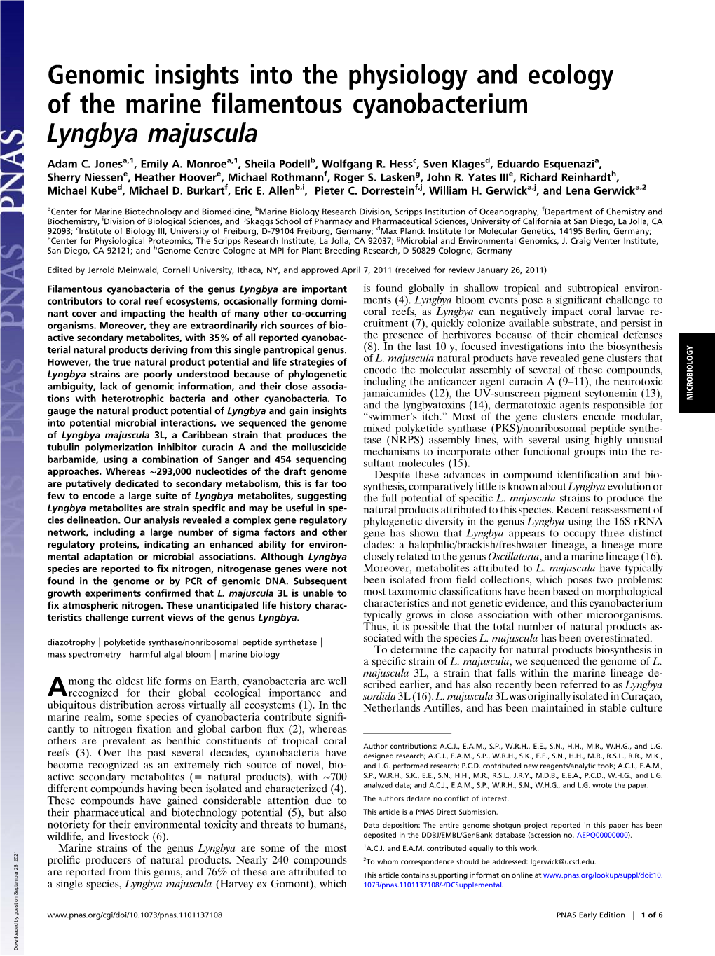 Genomic Insights Into the Physiology and Ecology of the Marine ﬁlamentous Cyanobacterium Lyngbya Majuscula