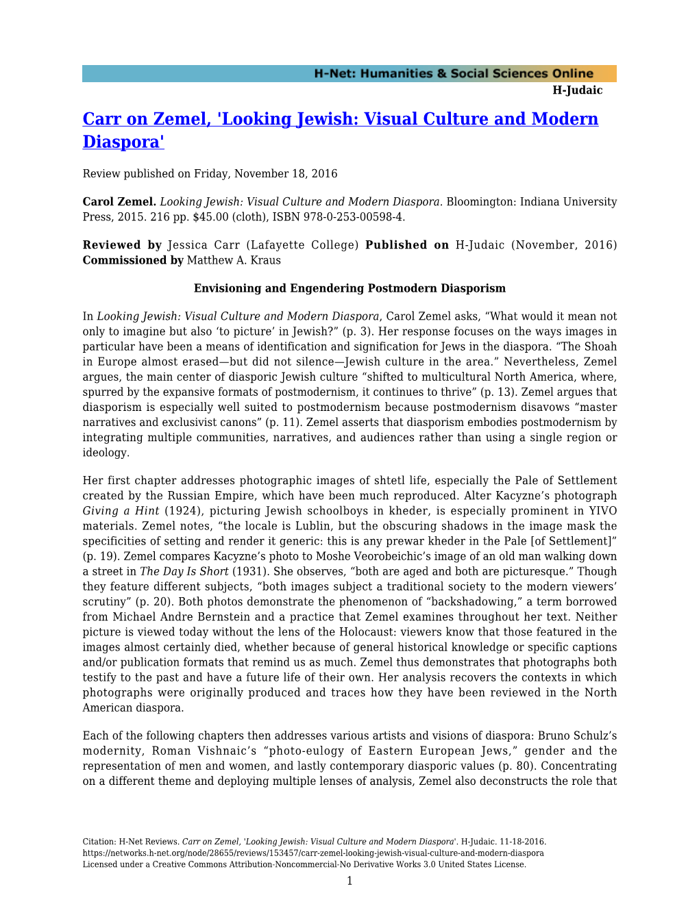 Carr on Zemel, 'Looking Jewish: Visual Culture and Modern Diaspora'