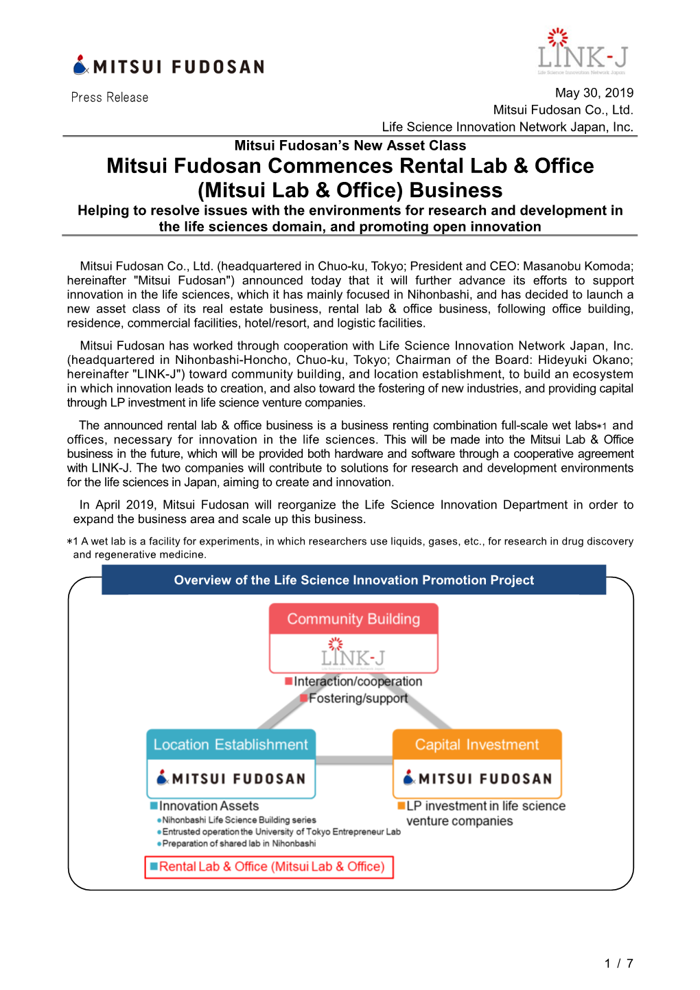 Mitsui Fudosan Commences Rental Lab & Office