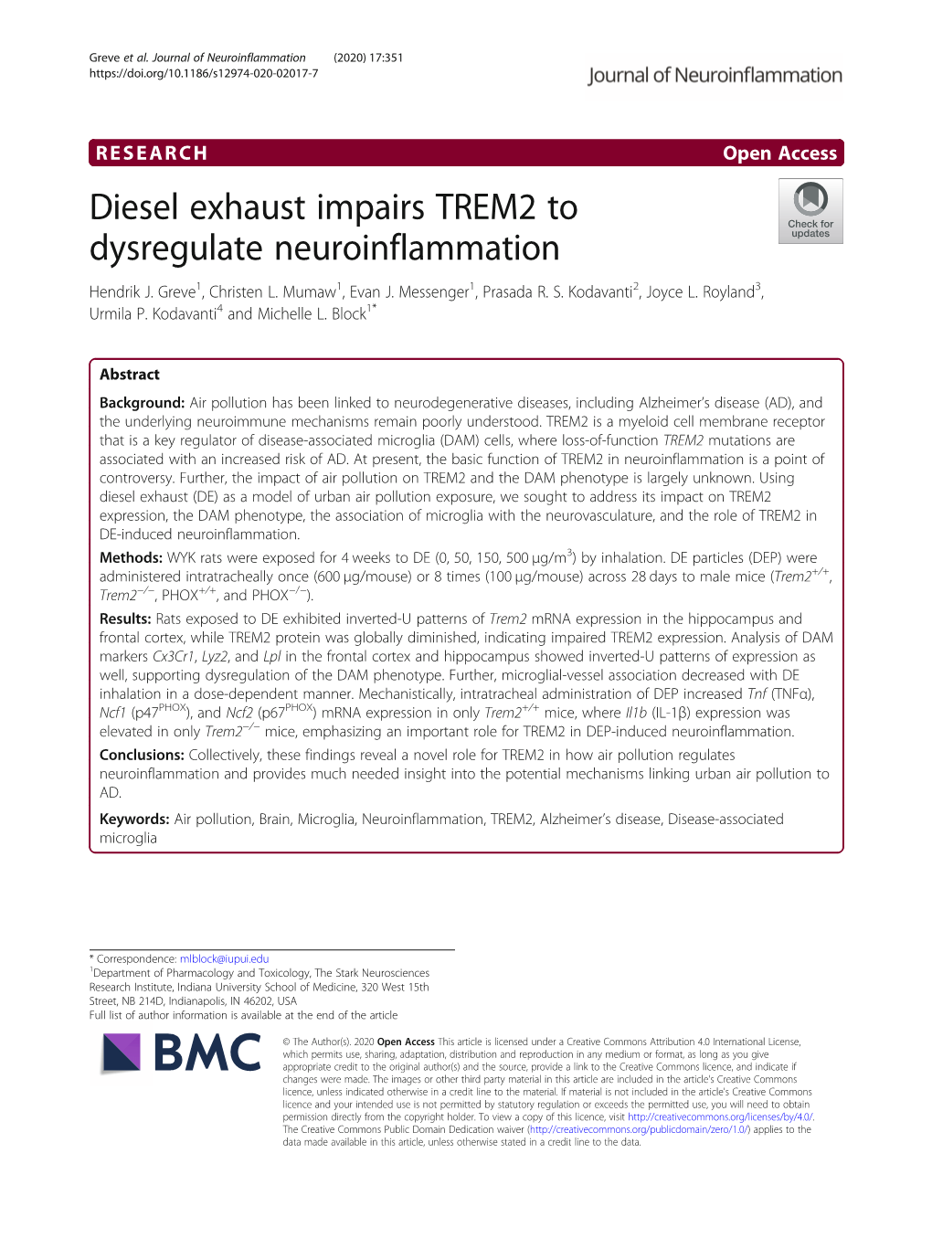 Diesel Exhaust Impairs TREM2 to Dysregulate Neuroinflammation Hendrik J