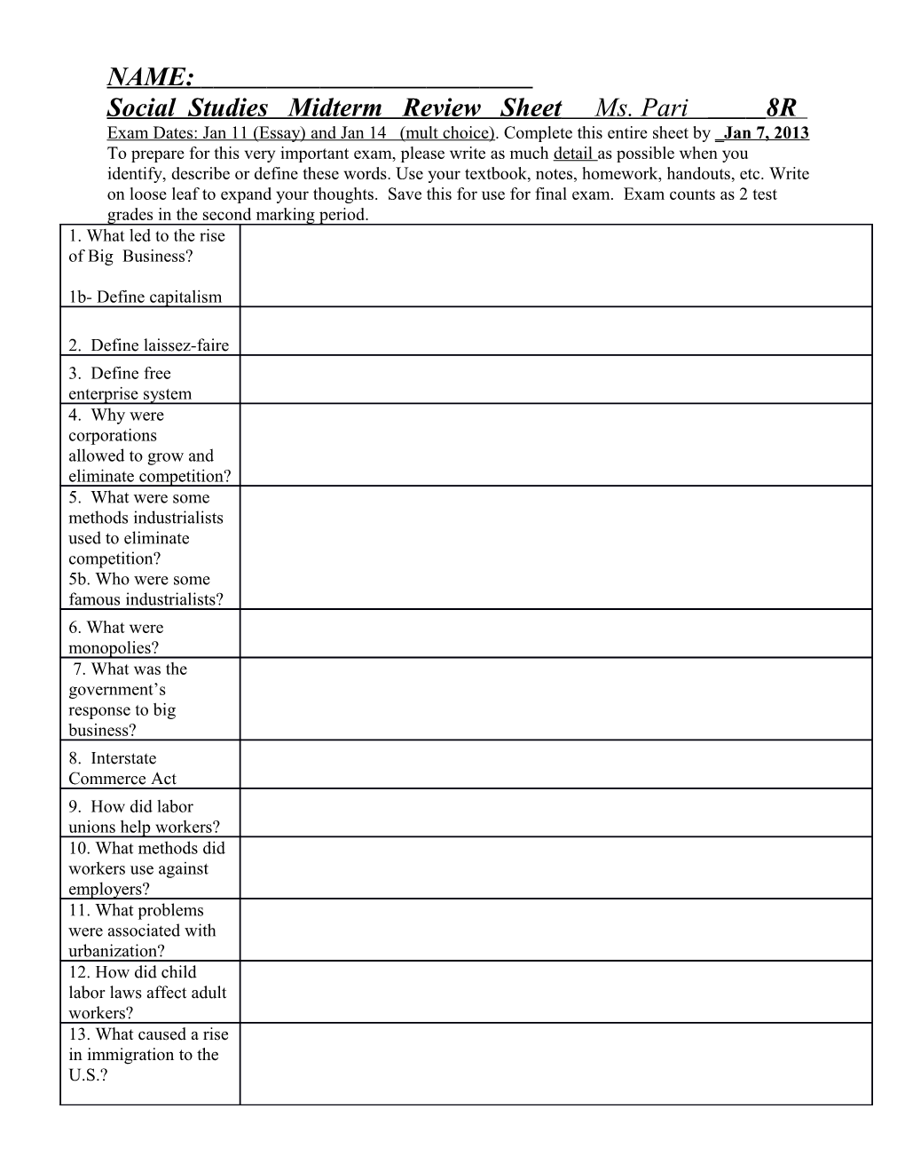 Social Studies 8Th Grade Midterm Review Sheet Name______