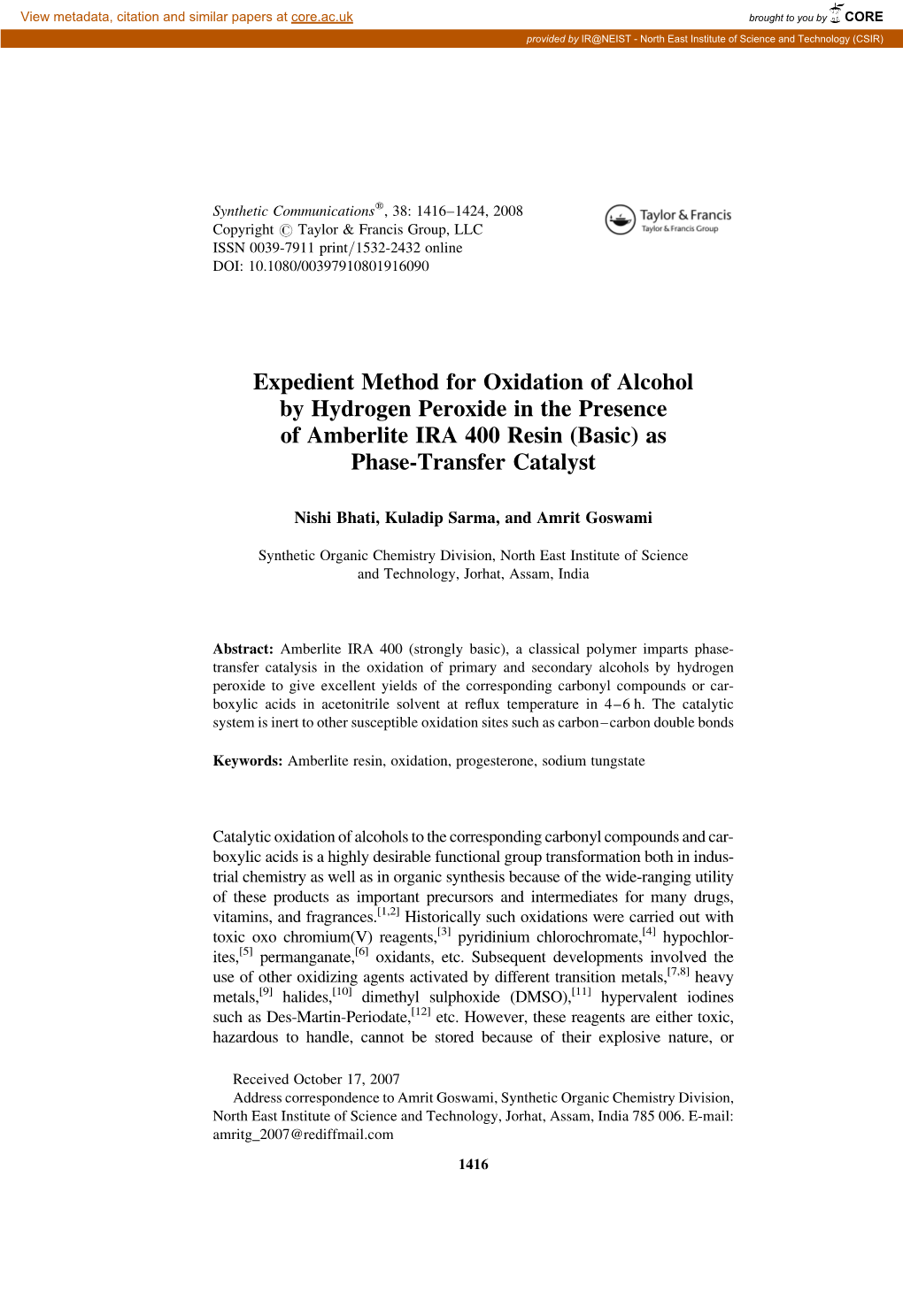 Expedient Method for Oxidation of Alcohol by Hydrogen Peroxide in the Presence of Amberlite IRA 400 Resin (Basic) As Phase-Transfer Catalyst