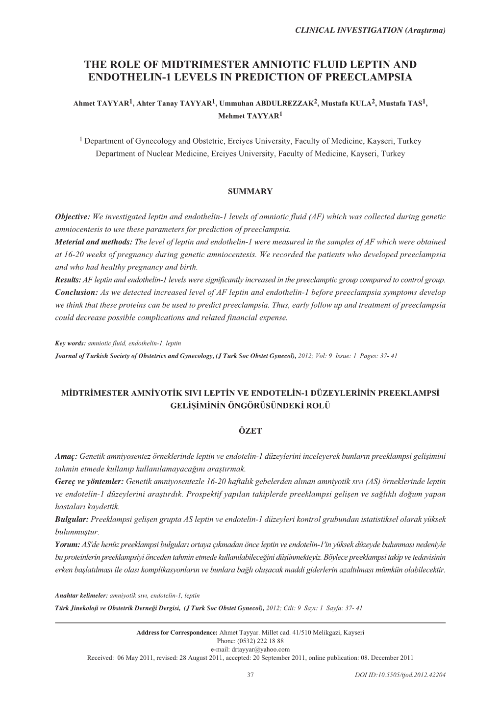 The Role of Midtrimester Amniotic Fluid Leptin and Endothelin-1 Levels in Prediction of Preeclampsia