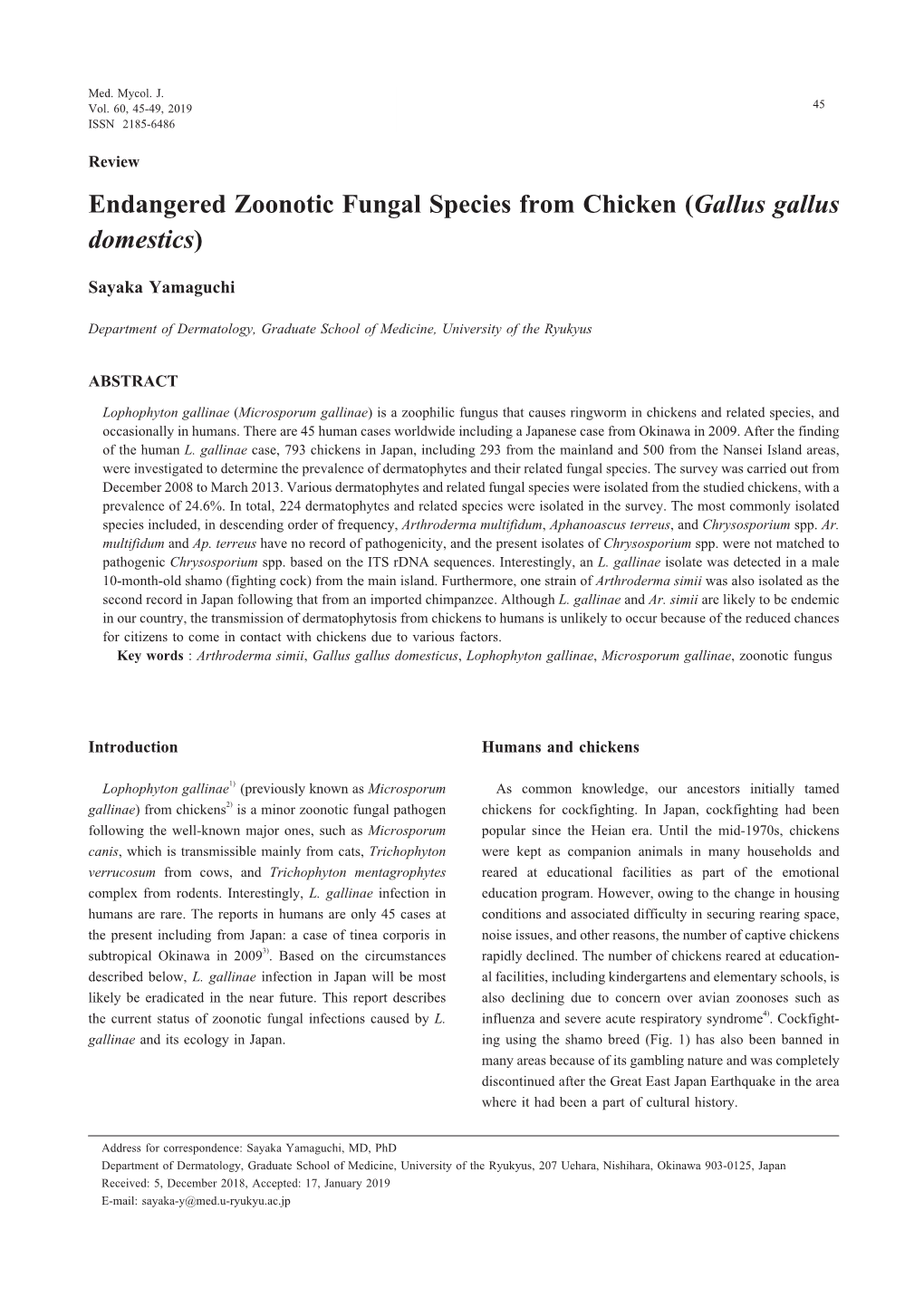 Endangered Zoonotic Fungal Species from Chicken (Gallus Gallus Domestics)