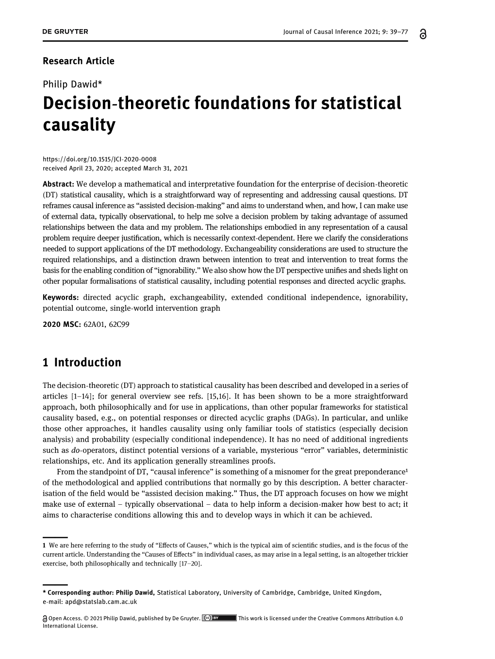 Decision-Theoretic Foundations for Statistical Causality