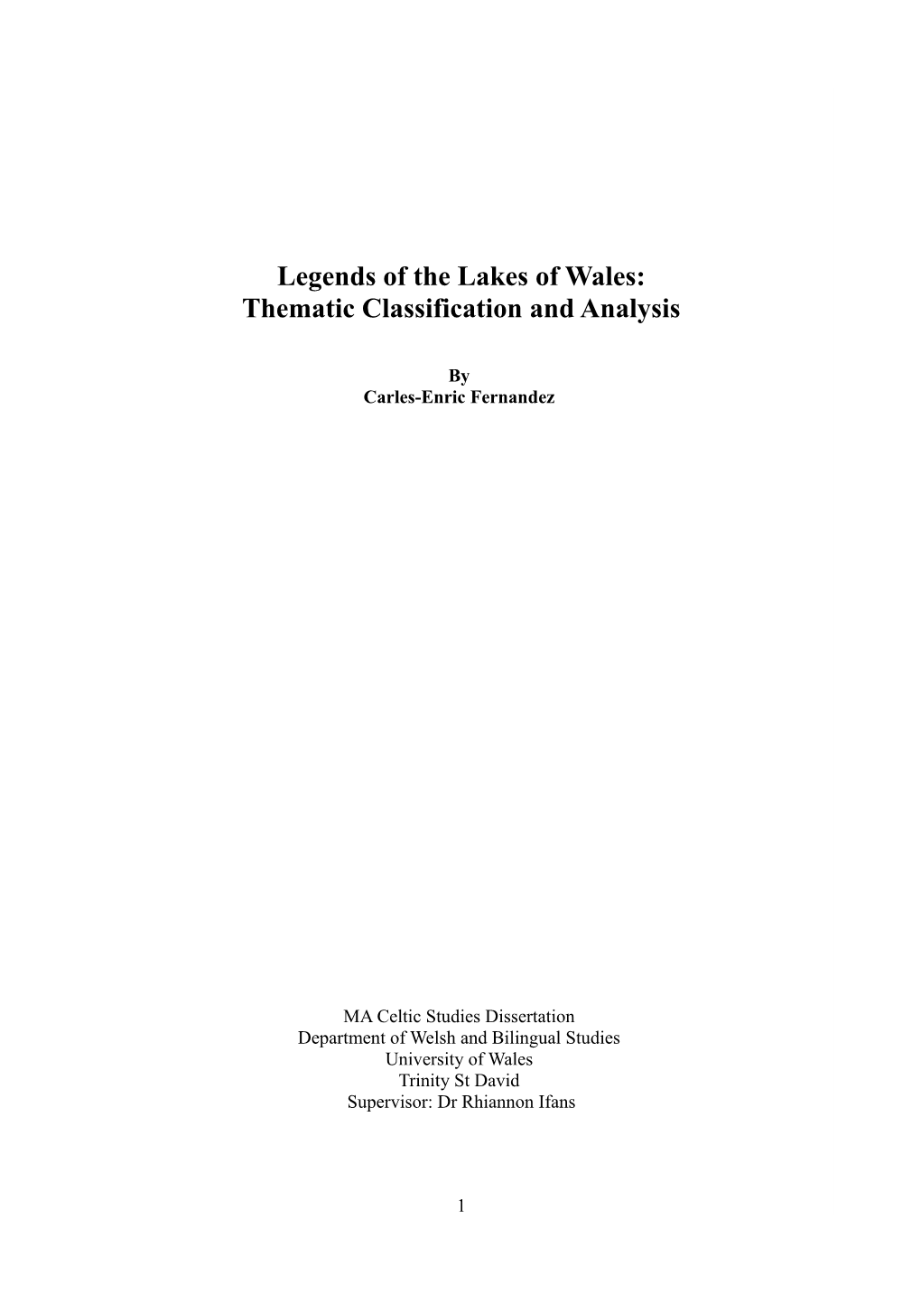 Legends of the Lakes of Wales: Thematic Classification and Analysis