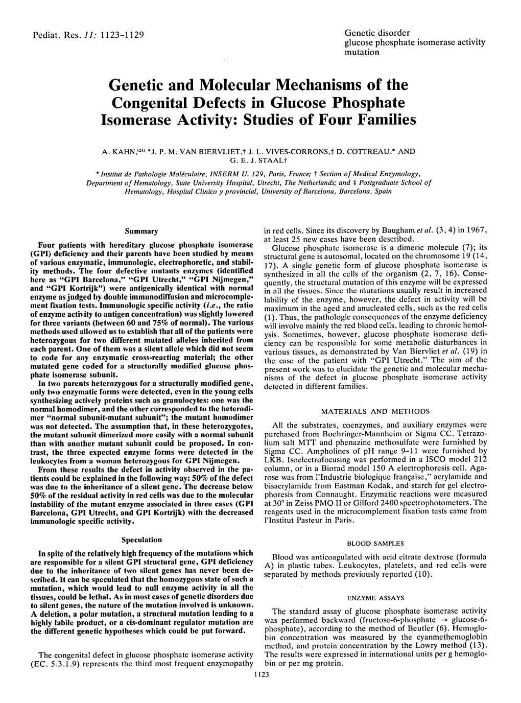 Genetic and Molecular Mechanisms of the Congenital Defects in Glucose Phosphate Isomerase Activity: Studies of Four Families