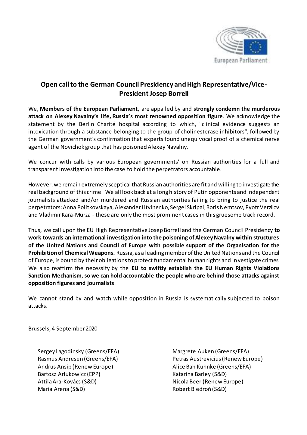 Open Call to the German Council Presidency and High Representative/Vice- President Josep Borrell