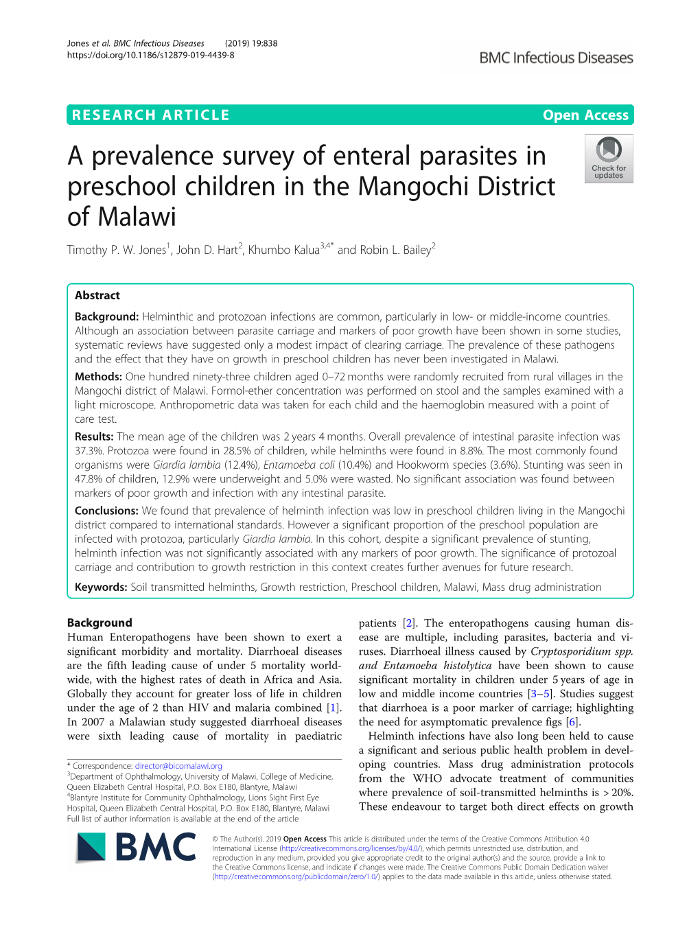 A Prevalence Survey of Enteral Parasites in Preschool Children in the Mangochi District of Malawi Timothy P