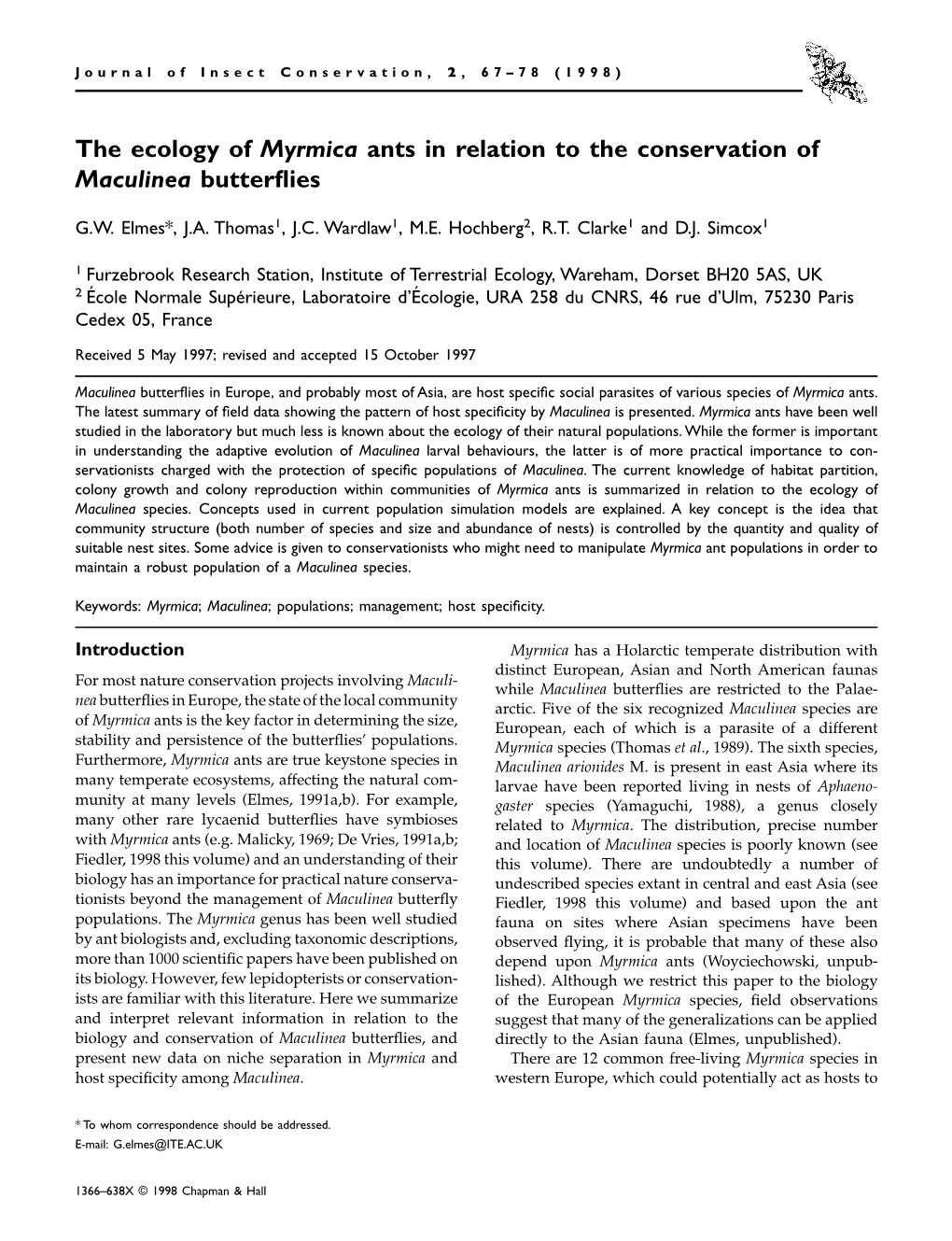 The Ecology of Myrmica Ants in Relation to the Conservation of Maculinea Butterﬂies