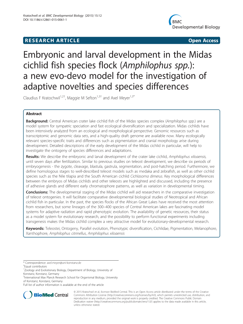 Embryonic and Larval Development in the Midas Cichlid Fish Species Flock