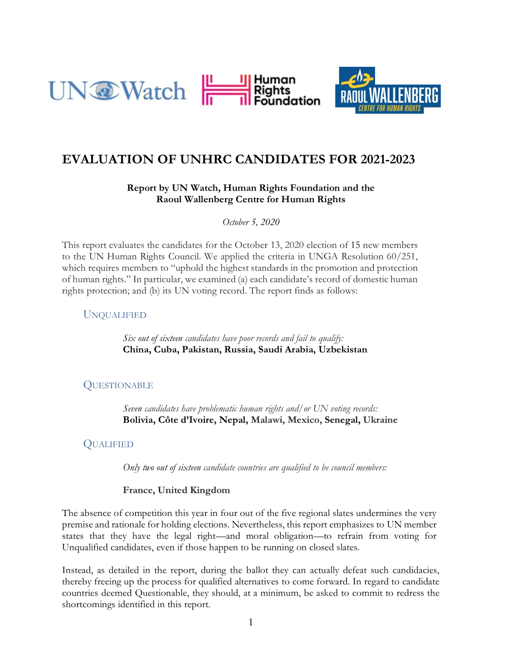 Evaluation of Unhrc Candidates for 2021-2023