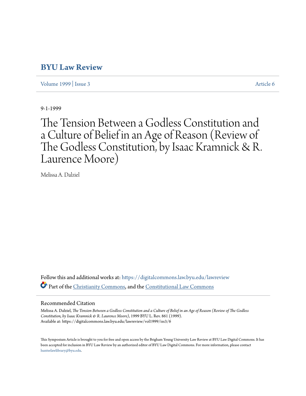 The Tension Between a Godless Constitution and a Culture of Belief in an Age of Reason (Review of the Godless Constitution, by Isaac Kramnick & R