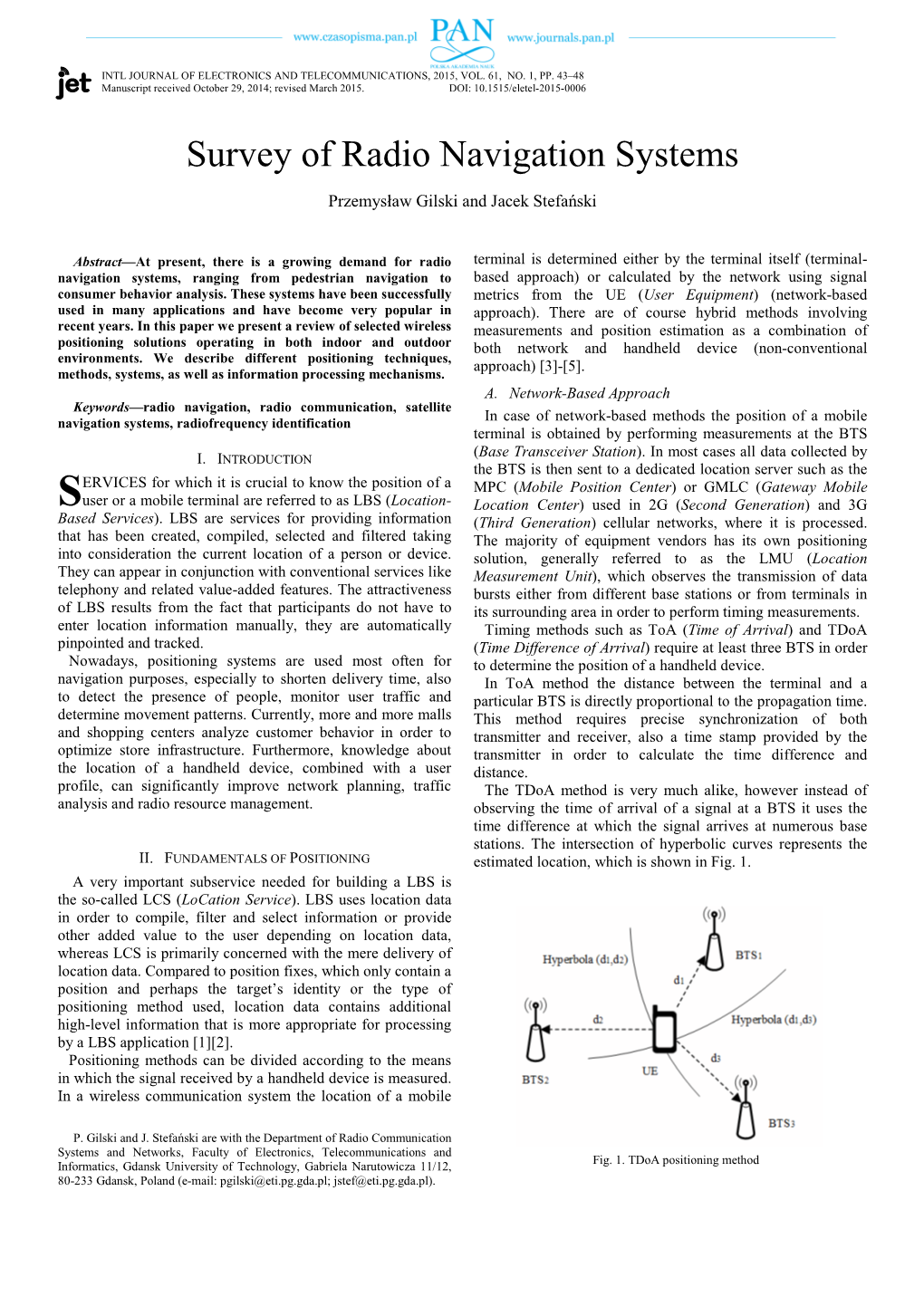 Survey of Radio Navigation Systems Przemysław Gilski and Jacek Stefański