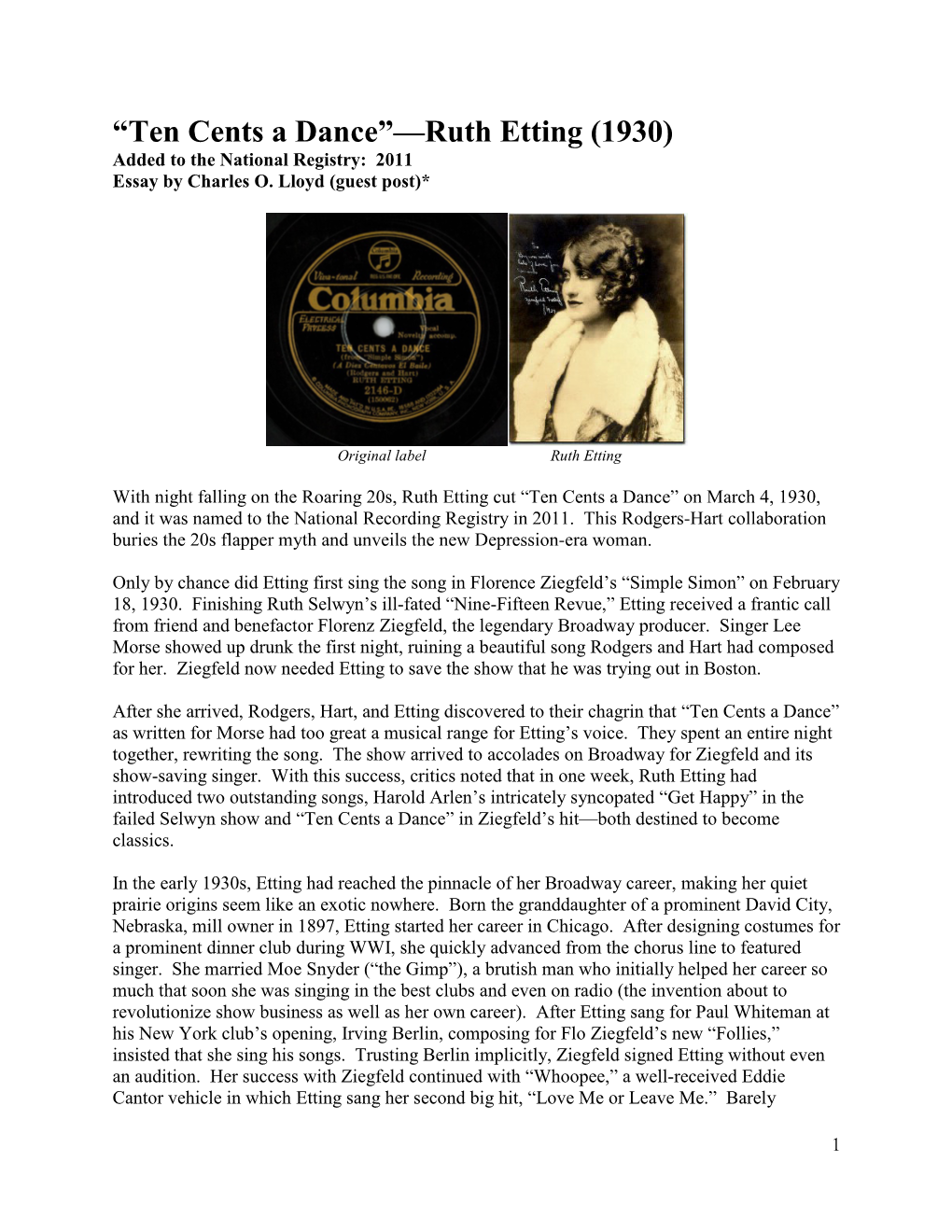 Ten Cents a Dance”—Ruth Etting (1930) Added to the National Registry: 2011 Essay by Charles O