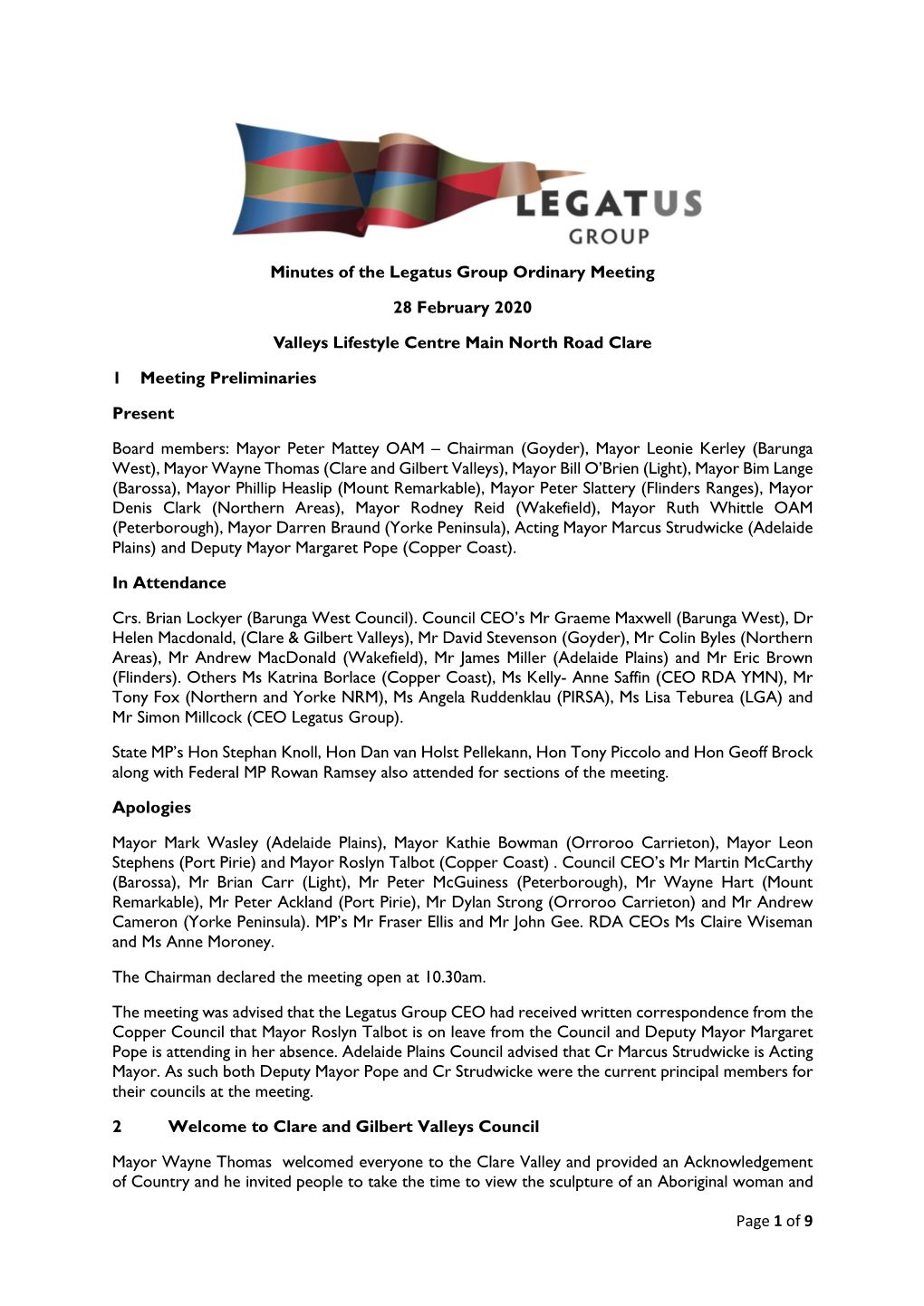 Page 1 of 9 Minutes of the Legatus Group Ordinary Meeting 28
