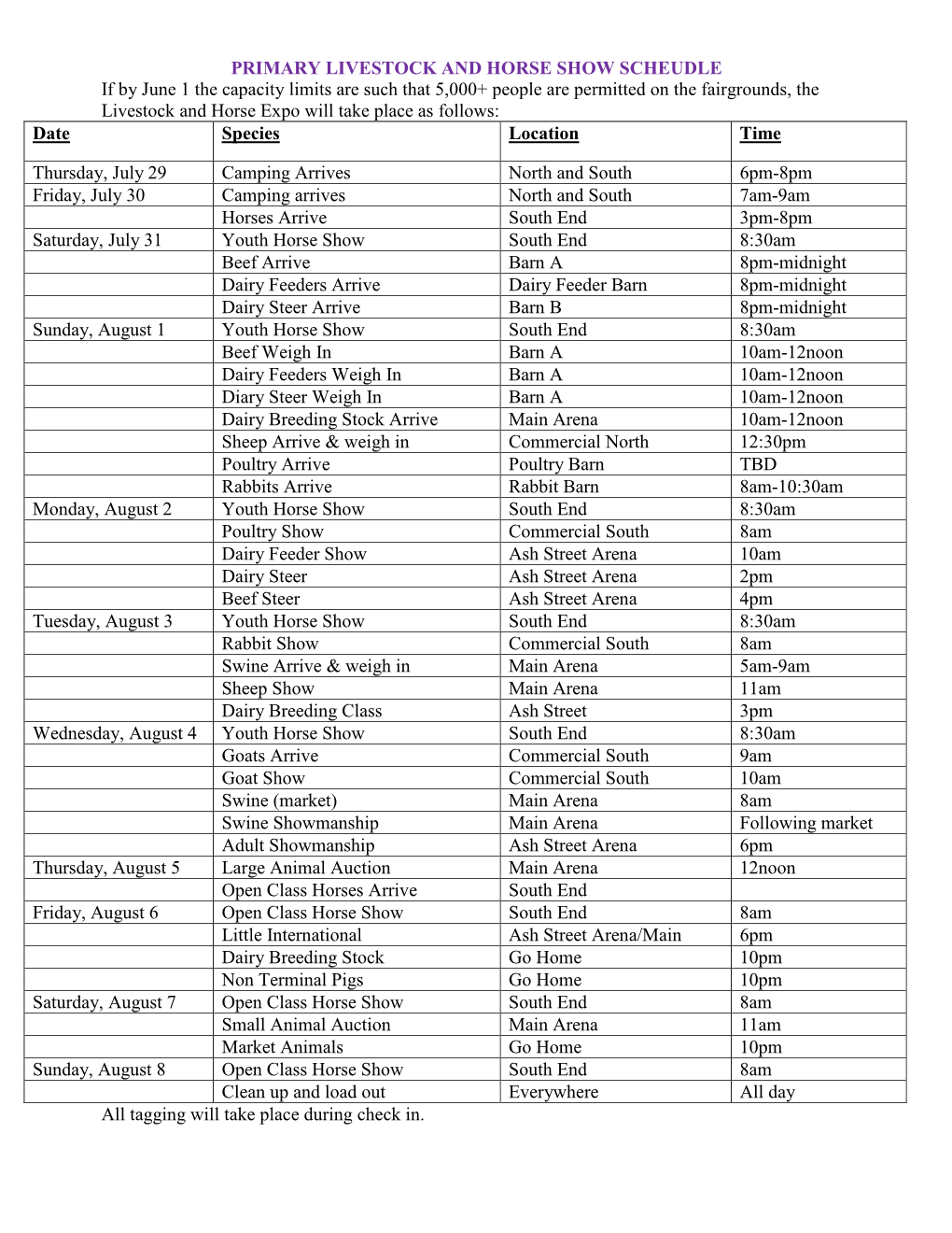 PRIMARY LIVESTOCK and HORSE SHOW SCHEUDLE If by June 1 The