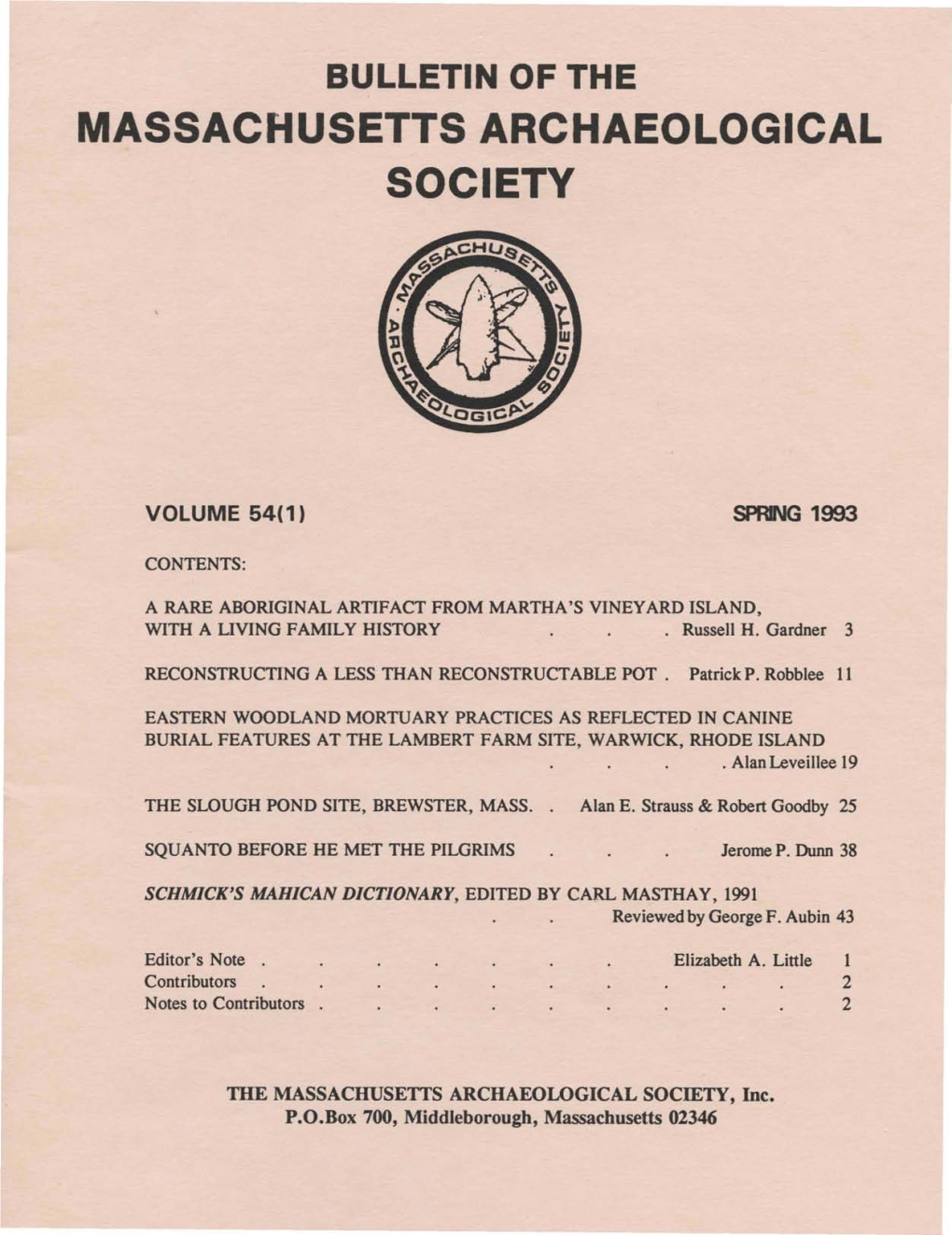 Bulletin of the Massachusetts Archaeological Society, Vol. 54, No