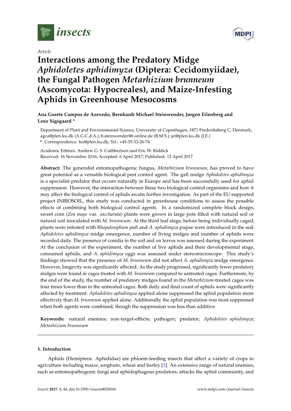 Interactions Among the Predatory Midge Aphidoletes Aphidimyza