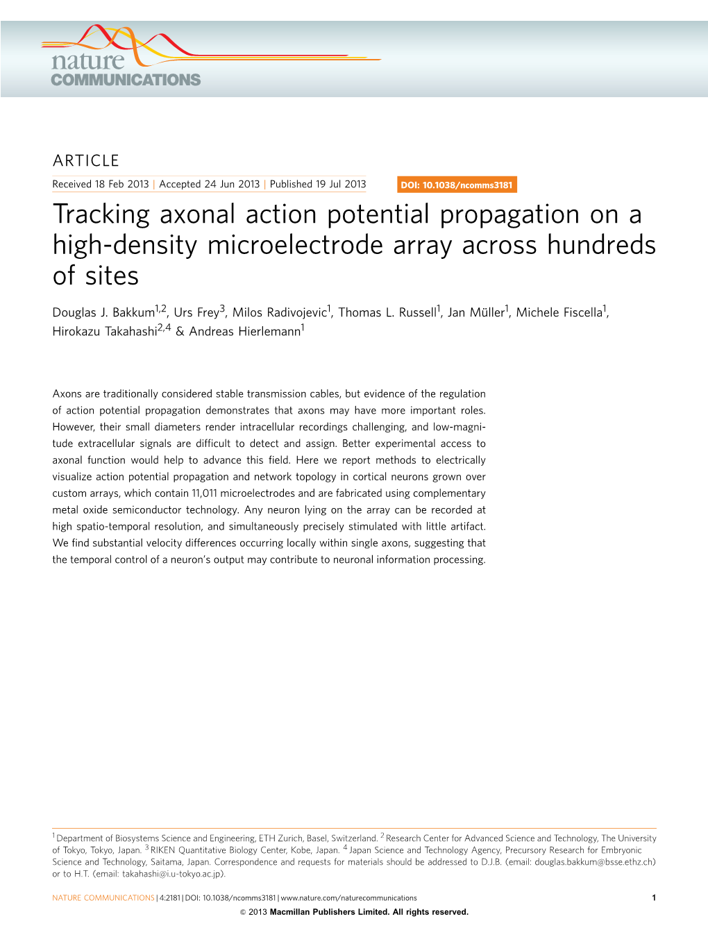 Tracking Axonal Action Potential Propagation on a High-Density Microelectrode Array Across Hundreds of Sites