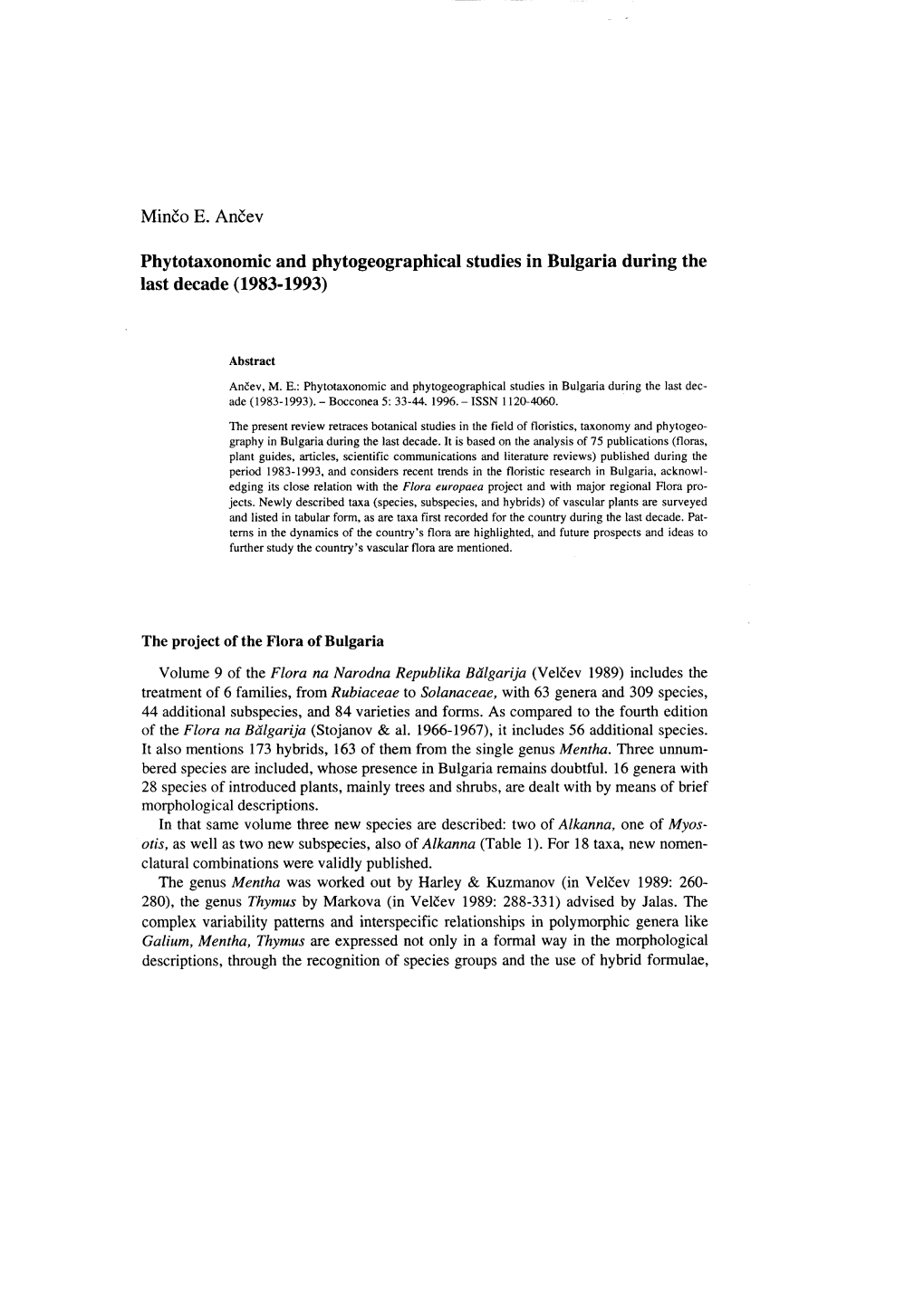 Phytotaxonomic and Phytogeographical Studies in Bulgaria During the Last Decade (1983-1993)