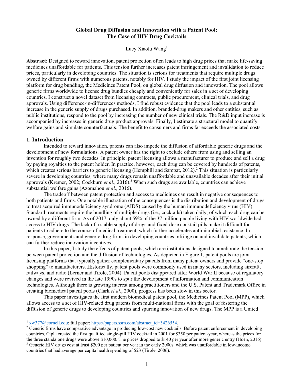 Global Drug Diffusion and Innovation with a Patent Pool: the Case of HIV Drug Cocktails