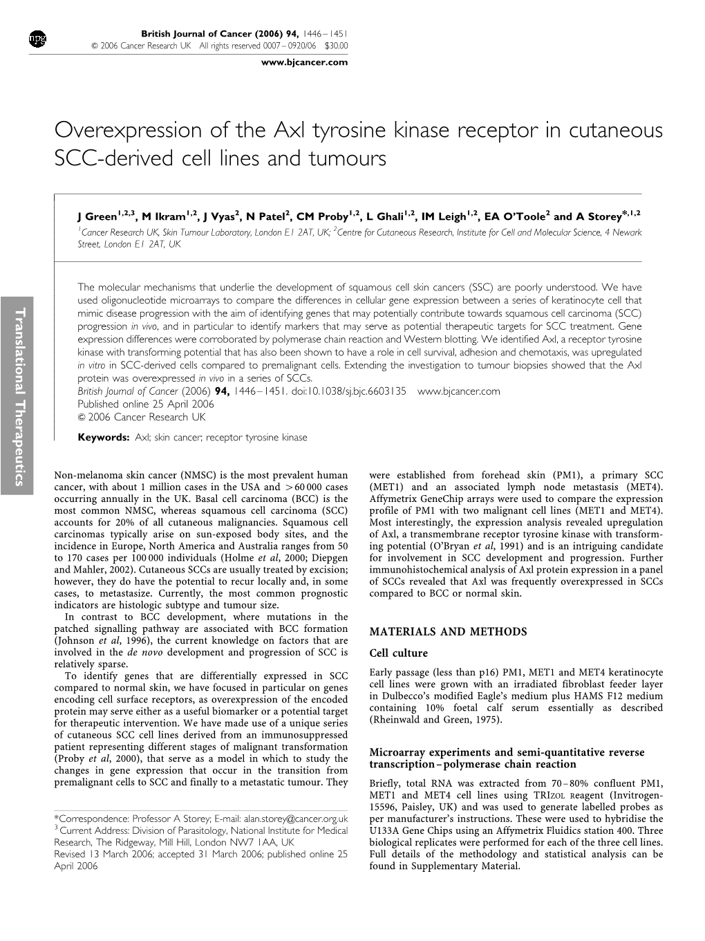 Overexpression of the Axl Tyrosine Kinase Receptor in Cutaneous SCC-Derived Cell Lines and Tumours