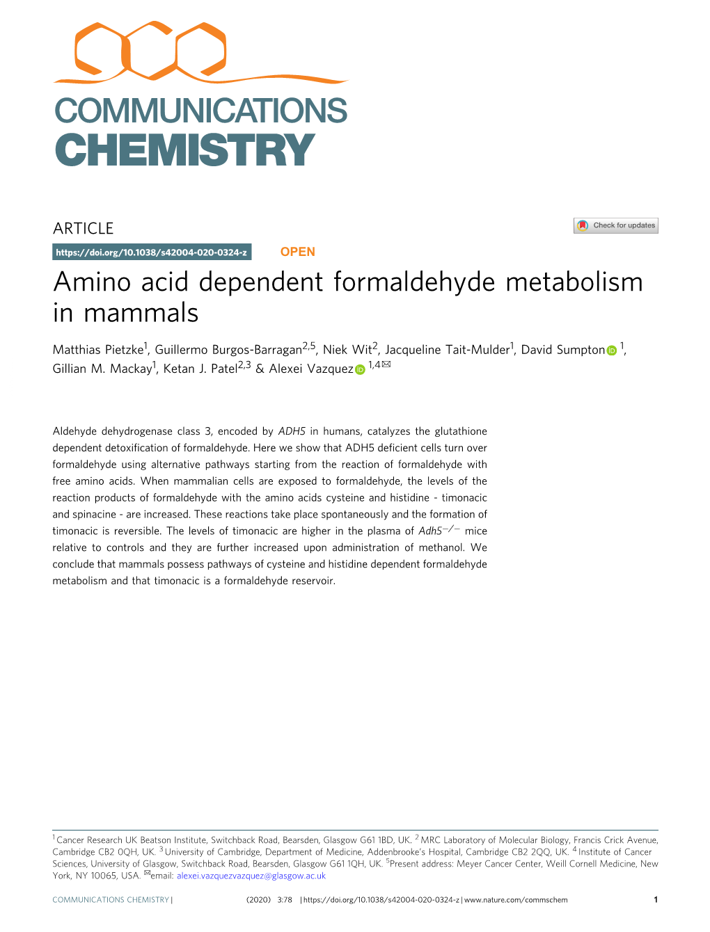 Amino Acid Dependent Formaldehyde Metabolism in Mammals