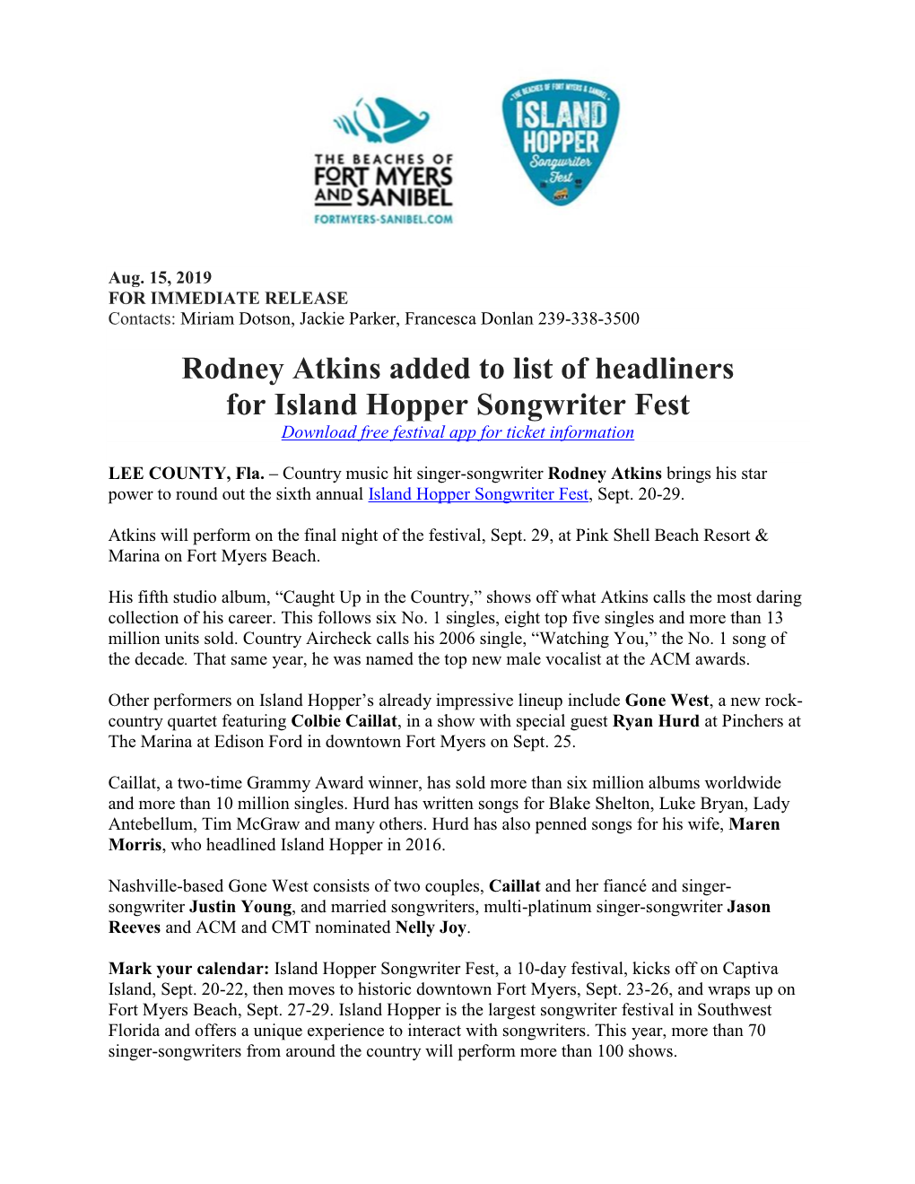 Rodney Atkins Added to List of Headliners for Island Hopper Songwriter Fest Download Free Festival App for Ticket Information