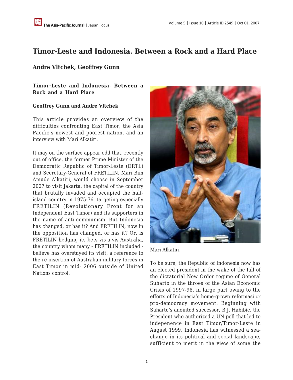 Timor-Leste and Indonesia. Between a Rock and a Hard Place